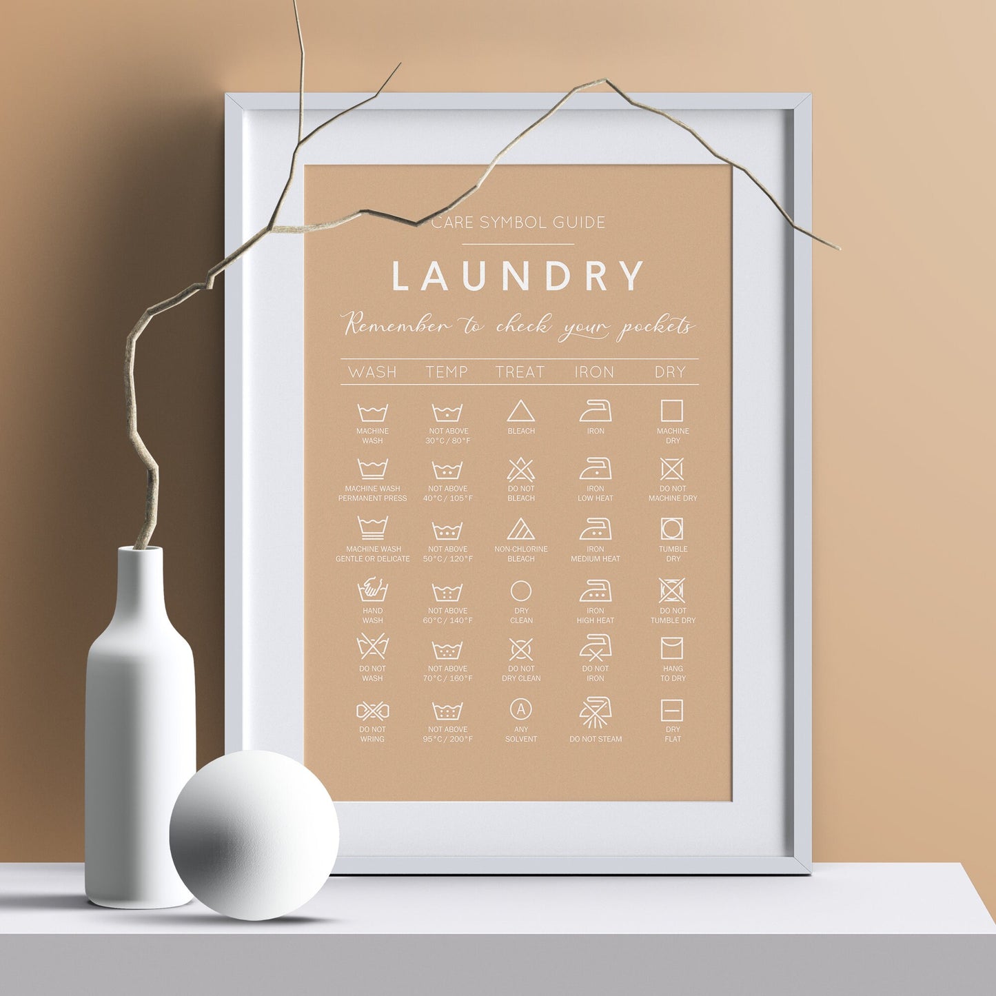 Laundry care symbol guide. Ideal gift for housewarming. Complement your minimalist house decoration with this handy guide for laundry. Frame for laundry room. Poster for laundrette. Black and white picture for bathroom. Cloth washing signs gift idea