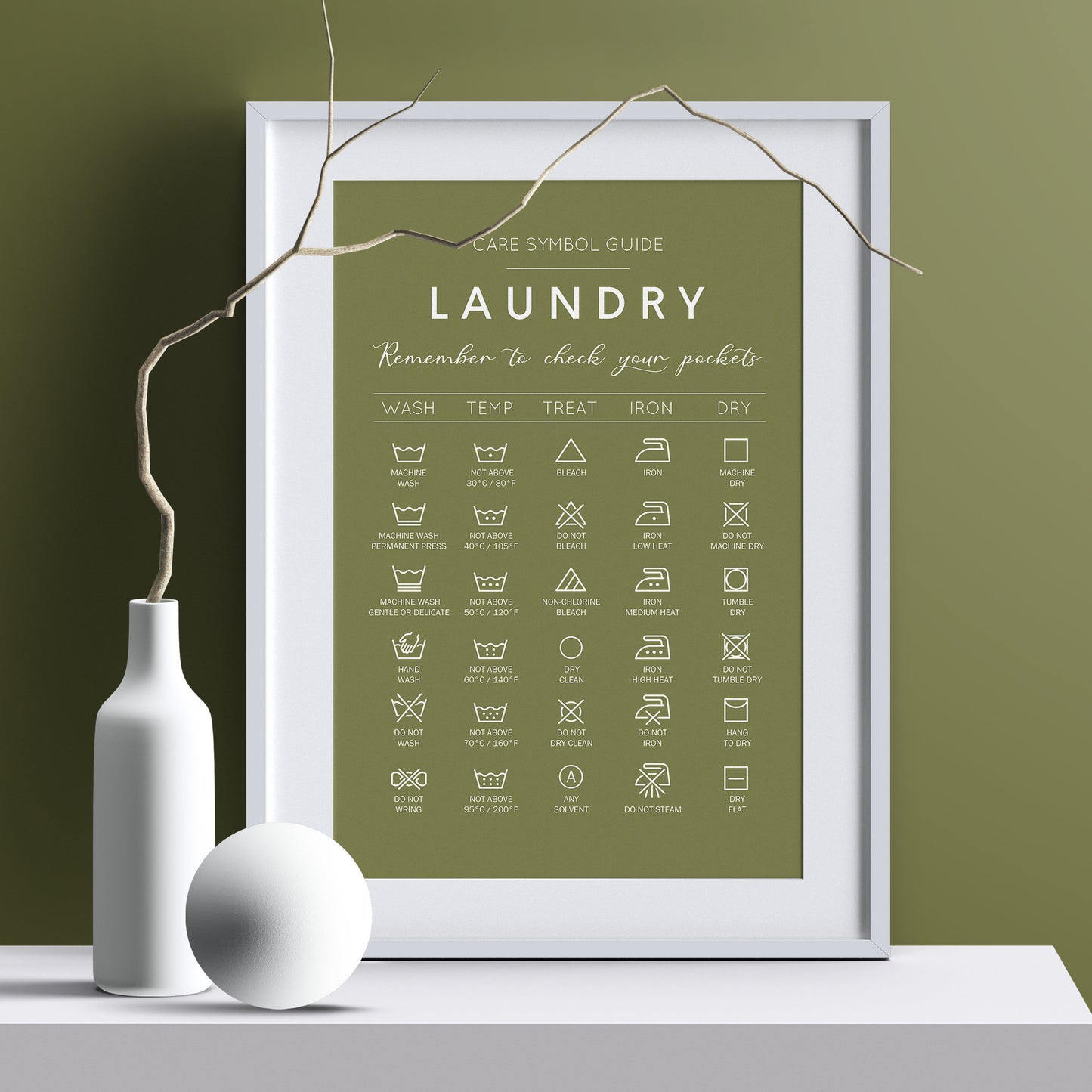 Laundry care symbol guide. Ideal gift for housewarming. Complement your minimalist house decoration with this handy guide for laundry. Frame for laundry room. Poster for laundrette. Black and white picture for bathroom. Cloth washing signs gift idea