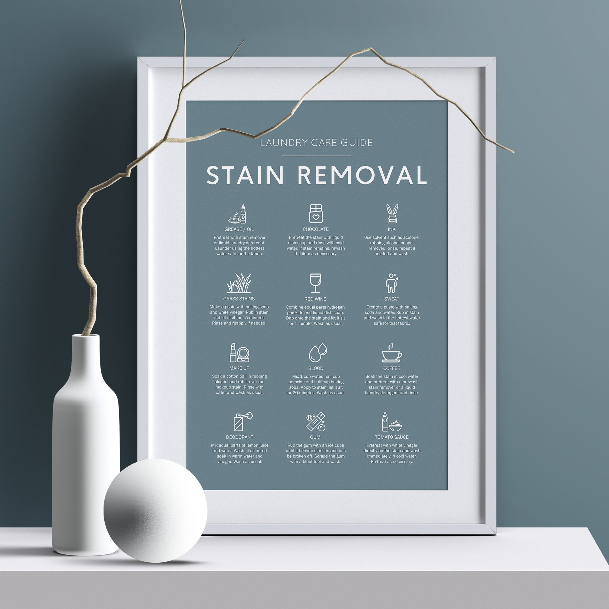 Stain removal poster ideal for laundry room in a minimalistic house as well as a rustic house. How to remove stains from cloths guide. Laundry care guide poster perfect gift for laundry room poster. Remove make up stain guide. How to remove red wine.