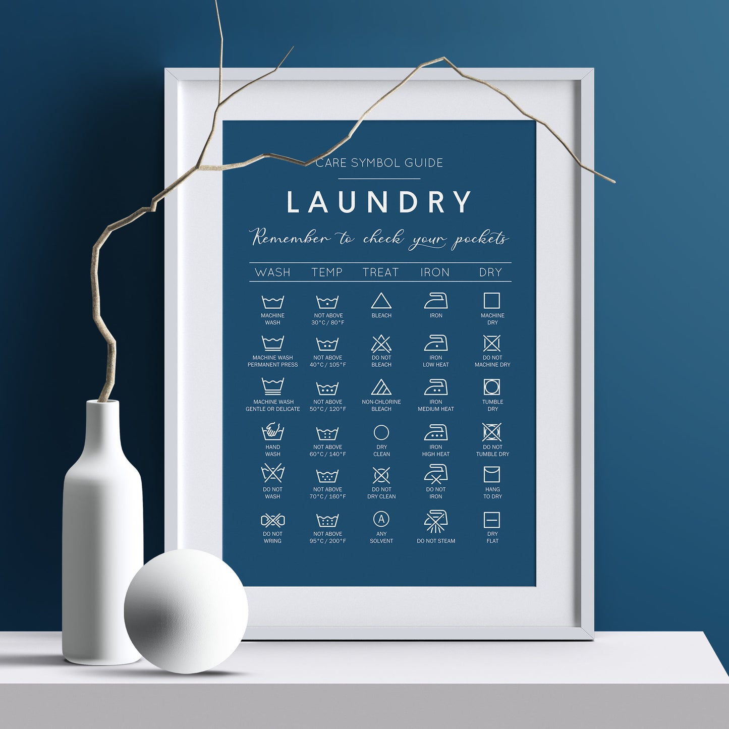 Laundry care symbol guide. Ideal gift for housewarming. Complement your minimalist house decoration with this handy guide for laundry. Frame for laundry room. Poster for laundrette. Black and white picture for bathroom. Cloth washing signs gift idea