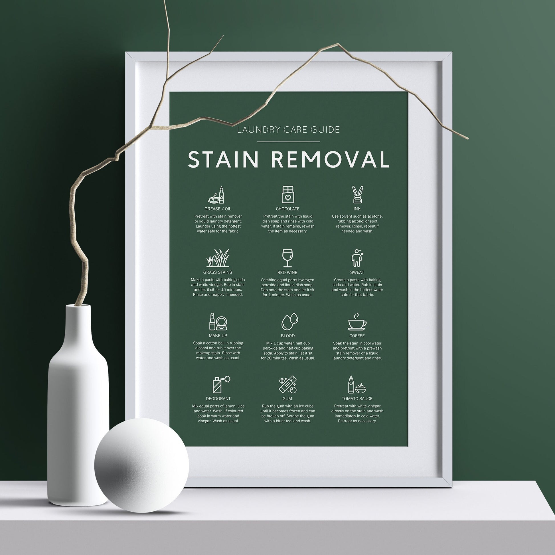 Stain removal poster ideal for laundry room in a minimalistic house as well as a rustic house. How to remove stains from cloths guide. Laundry care guide poster perfect gift for laundry room poster. Remove make up stain guide. How to remove red wine.