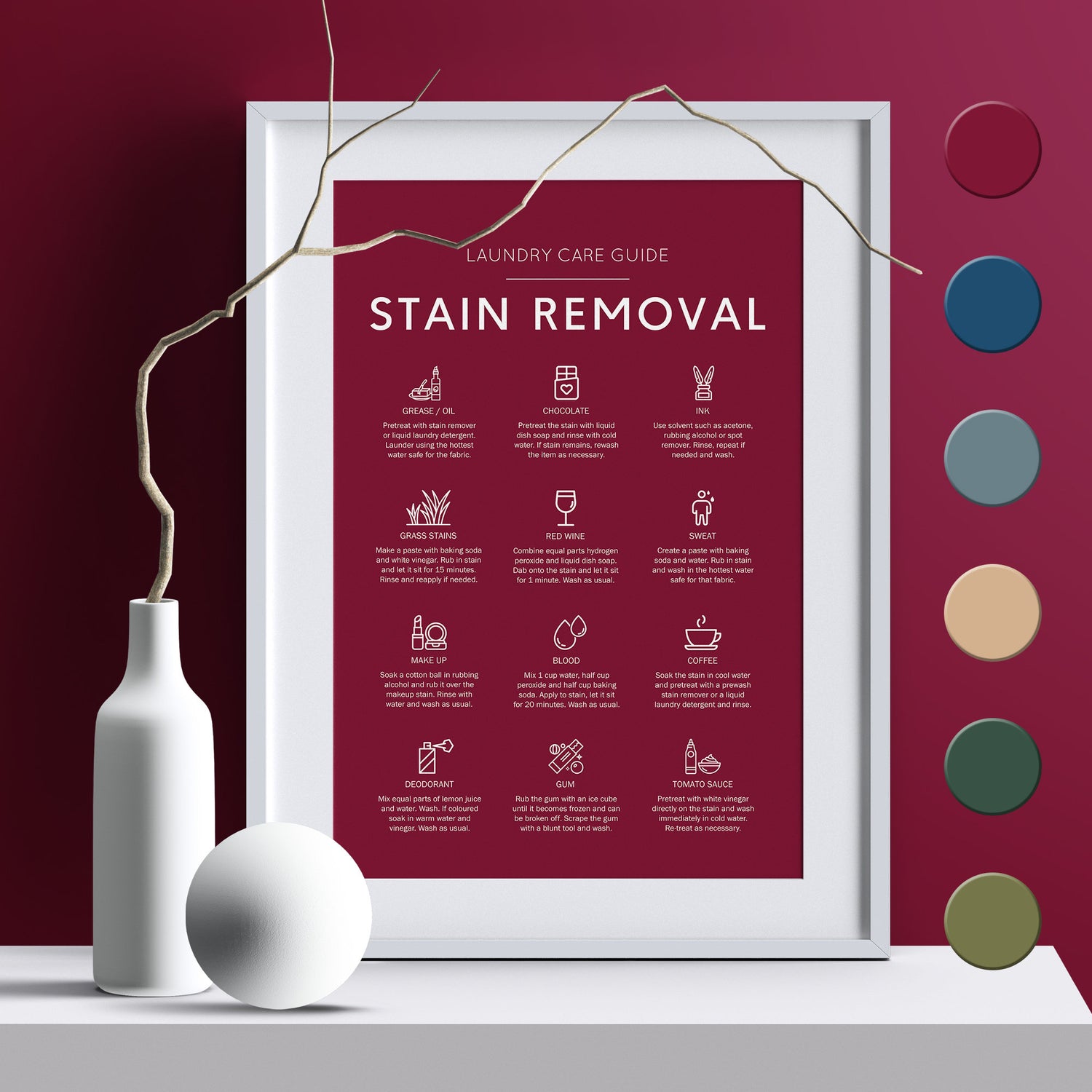 Stain removal poster ideal for laundry room in a minimalistic house as well as a rustic house. How to remove stains from cloths guide. Laundry care guide poster perfect gift for laundry room poster. Remove make up stain guide. How to remove red wine.