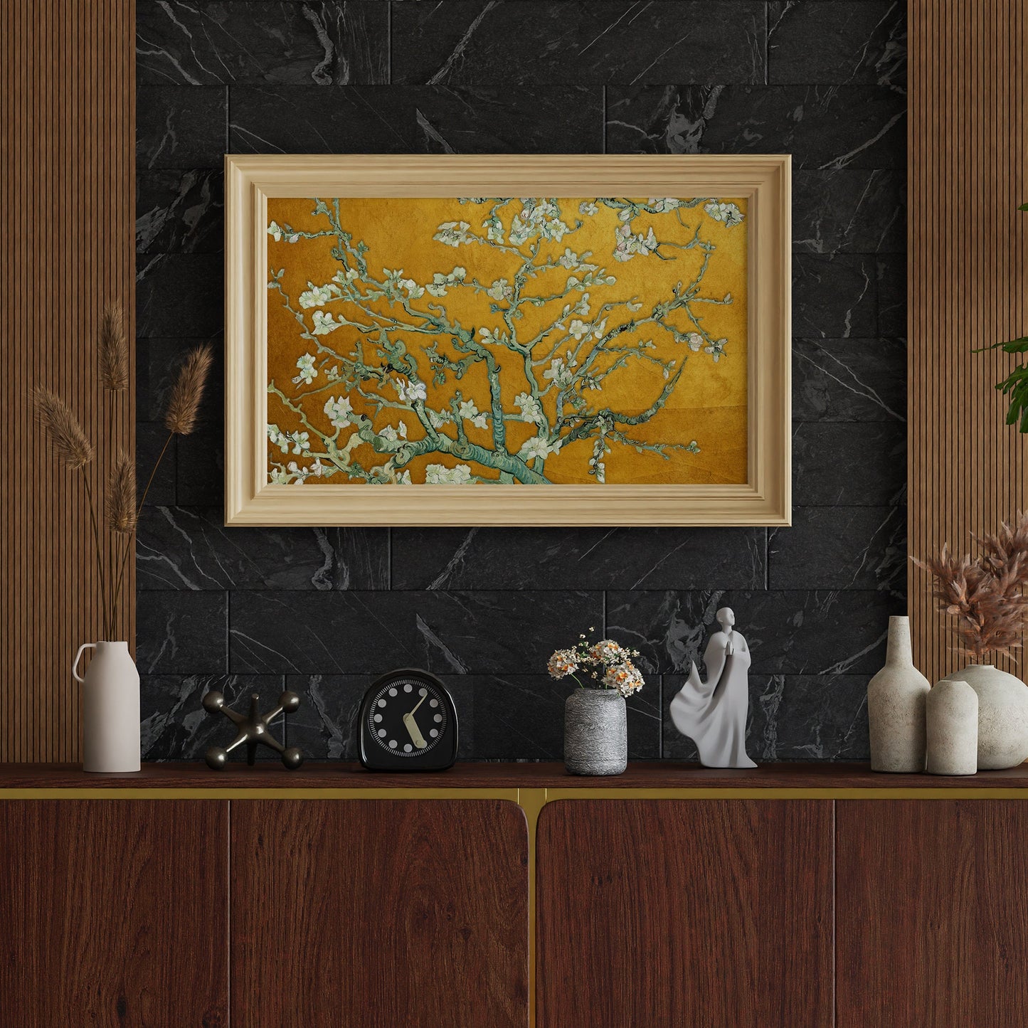 Almond Blossom by Van Gogh Poster Print with Gold background – Classic and famous vintage wall art, famous painting, Post-Impressionist