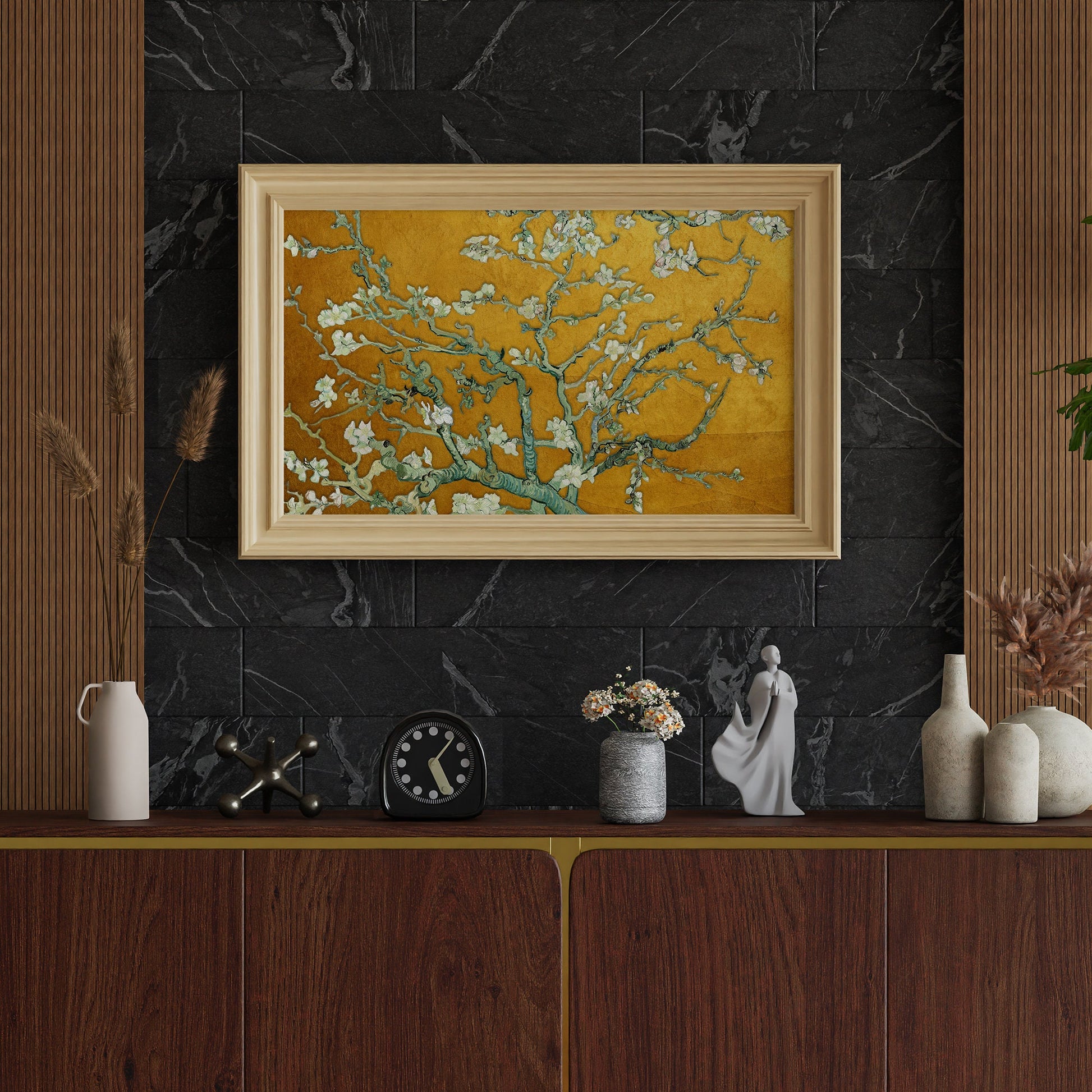 Almond Blossom by Van Gogh Poster Print with Gold background – Classic and famous vintage wall art, famous painting, Post-Impressionist