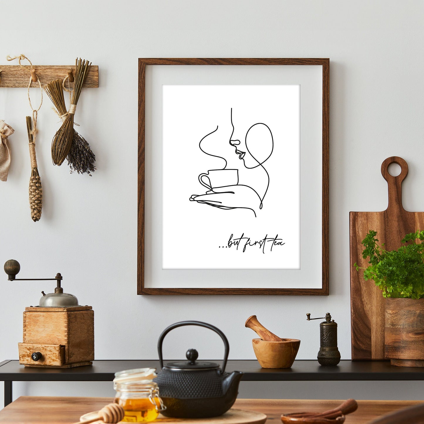 But first tea, Kitchen wall decor, Coffee and Tea print, Prints for Kitchen, Minimalist line art, Gift for tea lovers, Dinning room wall frame