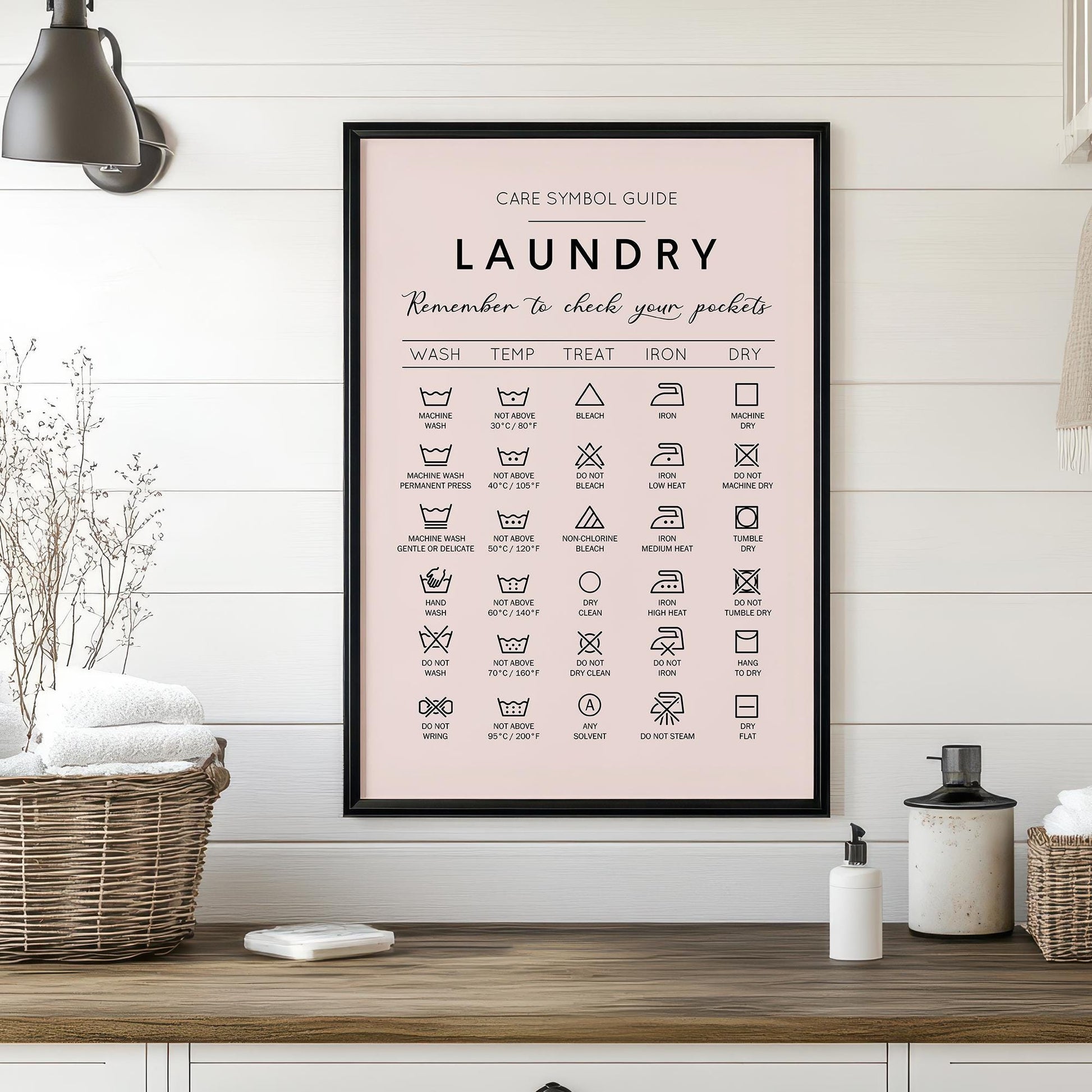 Laundry care symbol guide. Ideal gift for housewarming. Complement your minimalist house decoration with this handy guide for laundry. Frame for laundry room. Poster for laundrette. Black and white picture for bathroom. Cloth washing signs gift idea