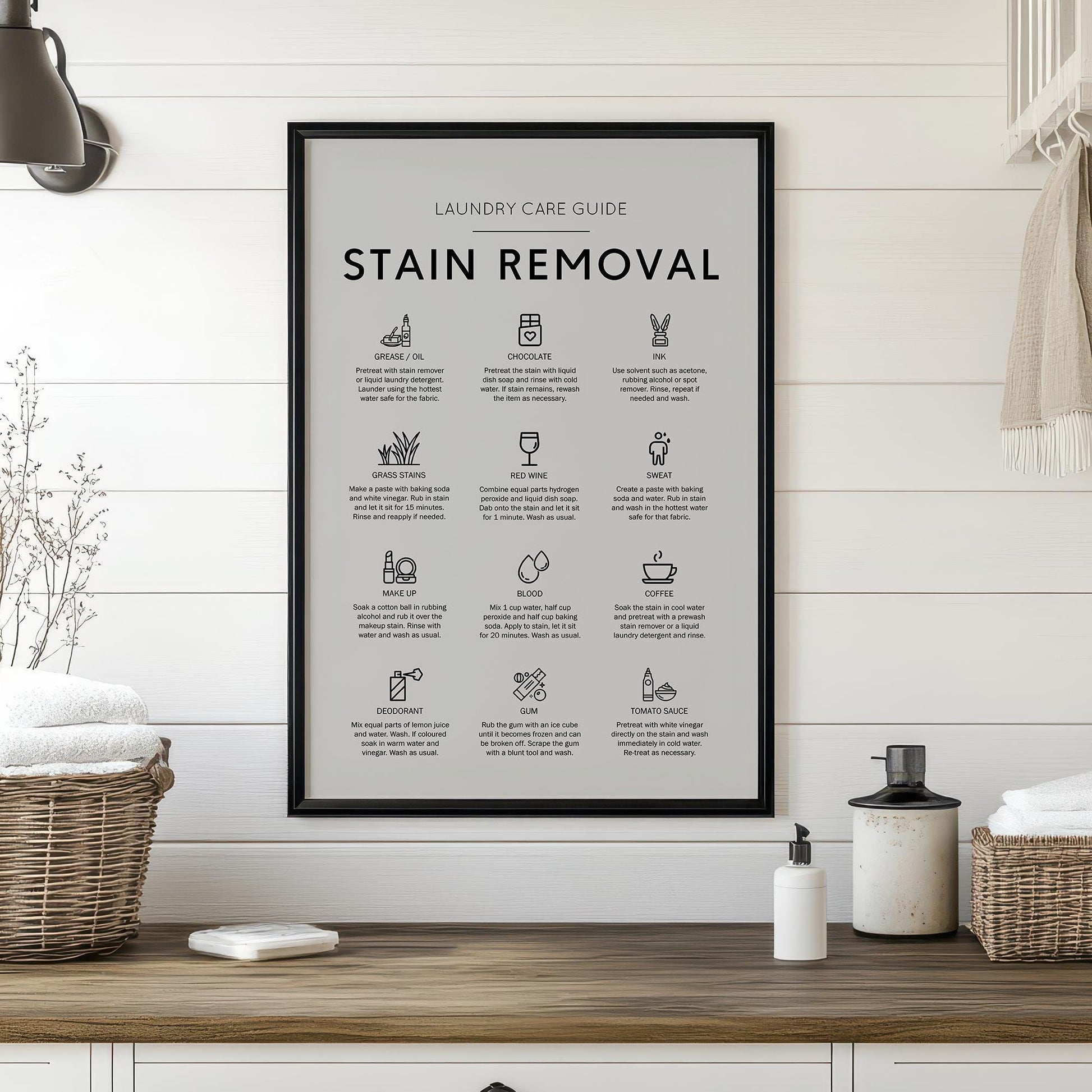Stain removal poster ideal for laundry room in a minimalistic house as well as a rustic house. How to remove stains from cloths guide. Laundry care guide poster perfect gift for laundry room poster. Remove make up stain guide. How to remove red wine.