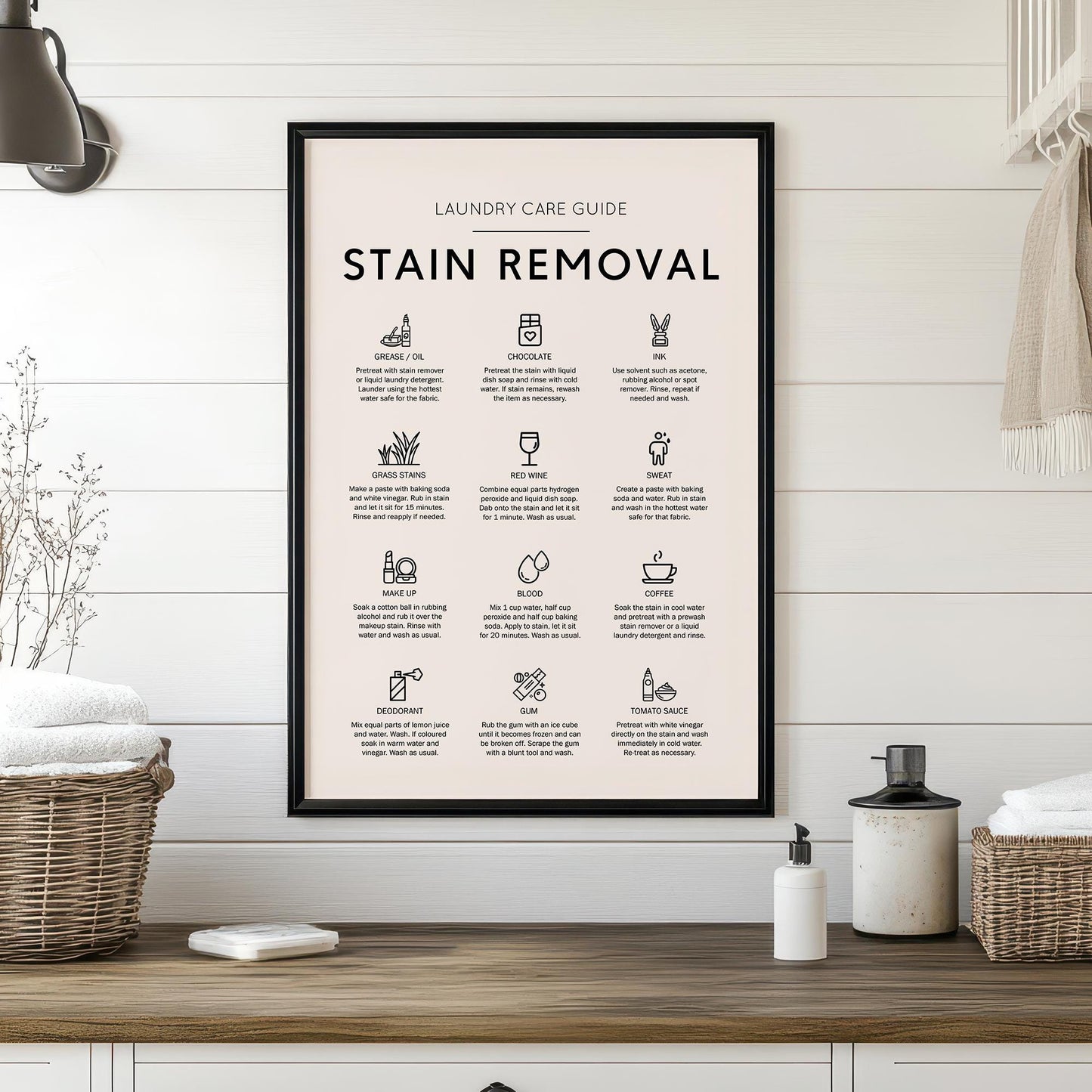 Stain removal poster ideal for laundry room in a minimalistic house as well as a rustic house. How to remove stains from cloths guide. Laundry care guide poster perfect gift for laundry room poster. Remove make up stain guide. How to remove red wine.