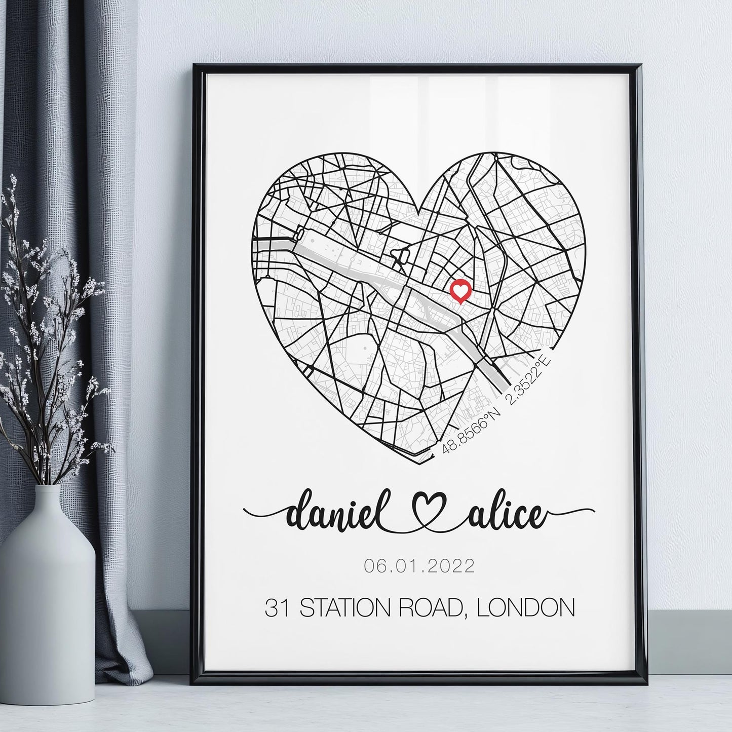 Heart Shape Personalised New Home Map Print With Heart and Address, Ideal Customised Moving Present, Unique Location Housewarming Gift