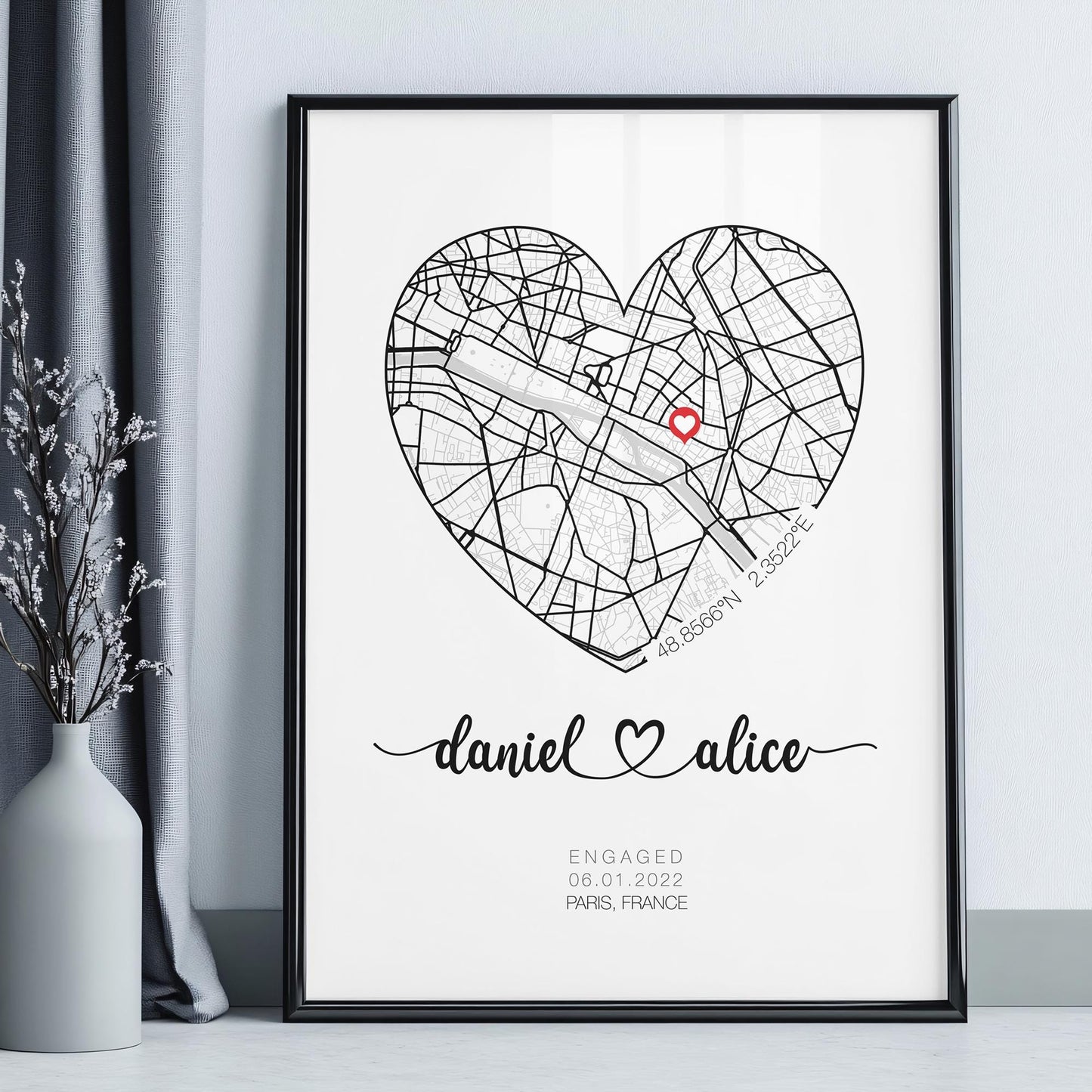 Personalised Engagement Gift, Proposal location Print With Heart and Address, Ideal Customised Present, Unique Location Couple Gift Idea,Wedding anniversary gift, Valentine&#39;sDay Gift, Gift for couple, Gift for Her, Personalised Map, Custom Map print