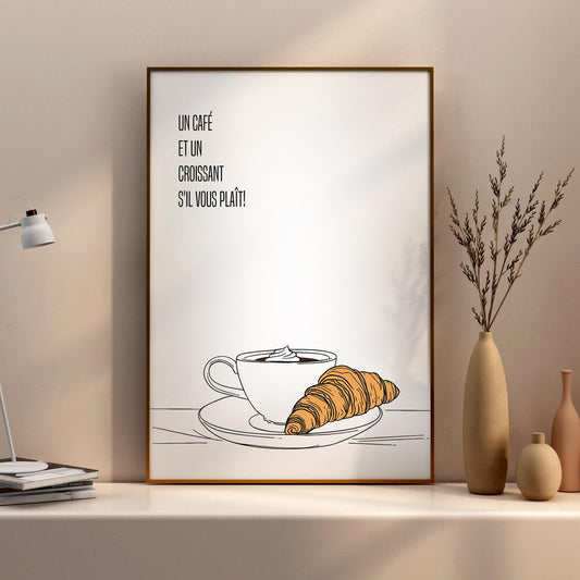 But first coffee, Kitchen wall decor, Coffee print, Prints for Kitchen, Minimalist line art, Gift for coffee lovers, Dinning room wall frame, un café s&#39;il vous plait, french wall art for kitchen, français, croissant et café, housewarming gift idea