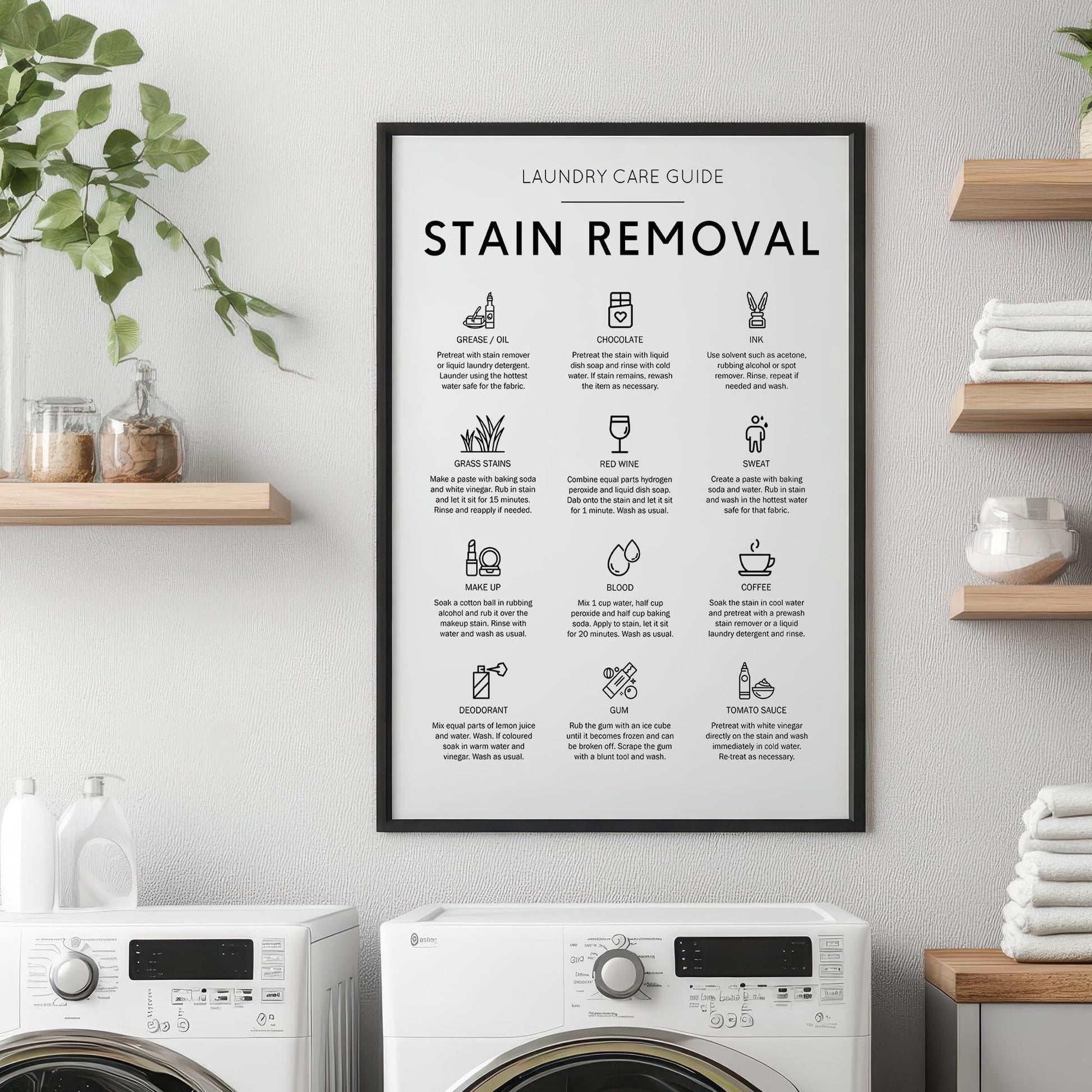 Stain removal poster ideal for laundry room in a minimalistic house as well as a rustic house. How to remove stains from cloths guide. Laundry care guide poster perfect gift for laundry room poster. Remove make up stain guide. How to remove red wine.