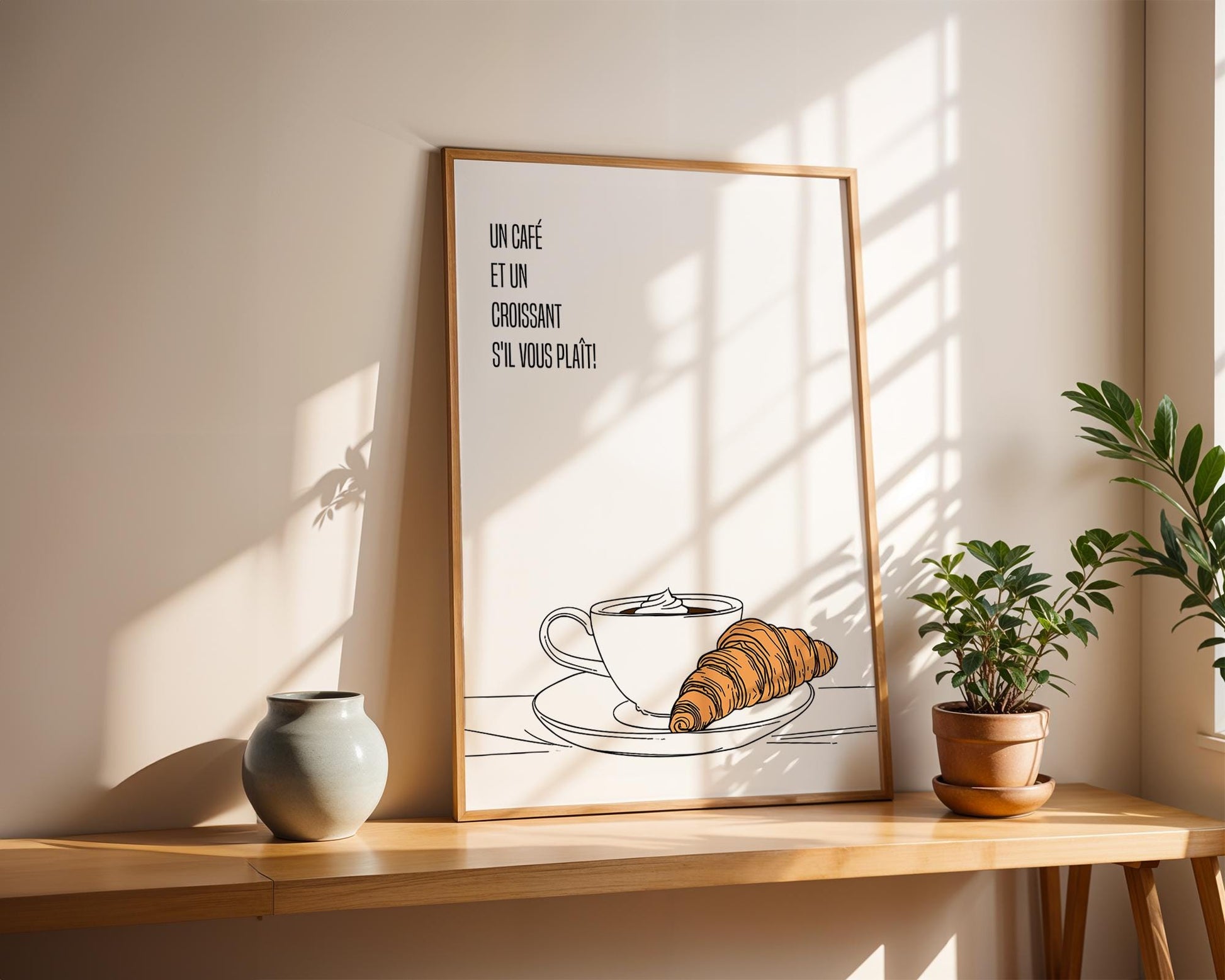 But first coffee, Kitchen wall decor, Coffee print, Prints for Kitchen, Minimalist line art, Gift for coffee lovers, Dinning room wall frame, un café s&#39;il vous plait, french wall art for kitchen, français, croissant et café, housewarming gift idea