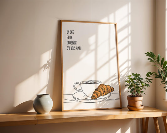 But first coffee, Kitchen wall decor, Coffee print, Prints for Kitchen, Minimalist line art, Gift for coffee lovers, Dinning room wall frame, un café s&#39;il vous plait, french wall art for kitchen, français, croissant et café, housewarming gift idea