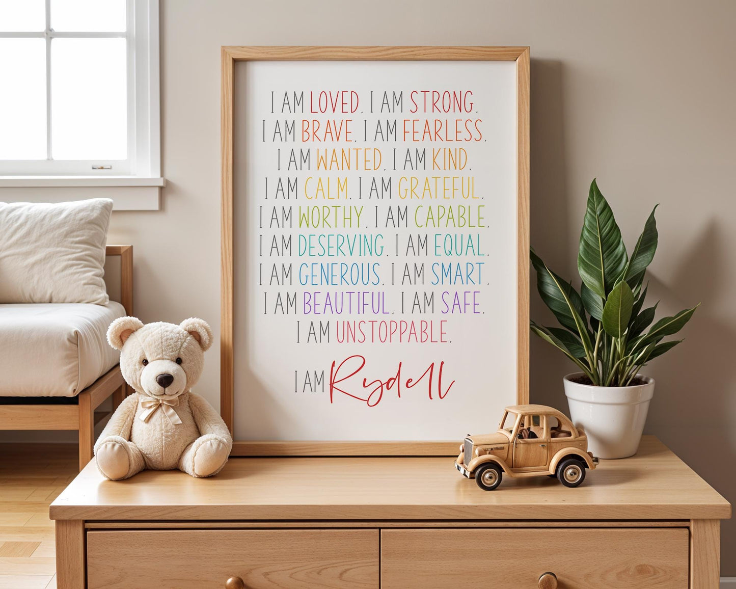 Kids Affirmation Printable Art: I Am Loved, Strong, Brave, Fearless, Beautiful - Personalised Word Art, Nursery Decor, Positive Affirmation