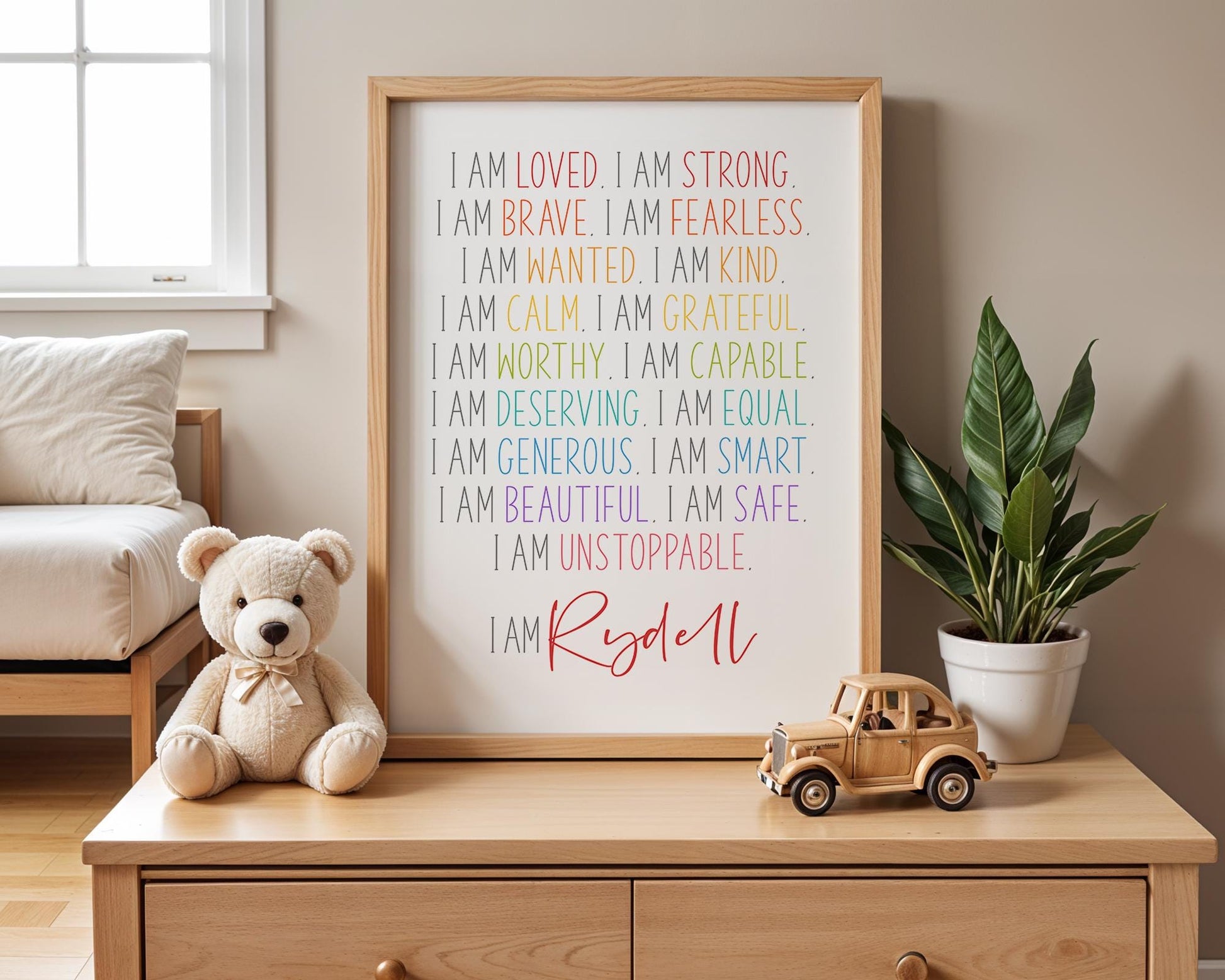 Kids Affirmation Printable Art: I Am Loved, Strong, Brave, Fearless, Beautiful - Personalised Word Art, Nursery Decor, Positive Affirmation
