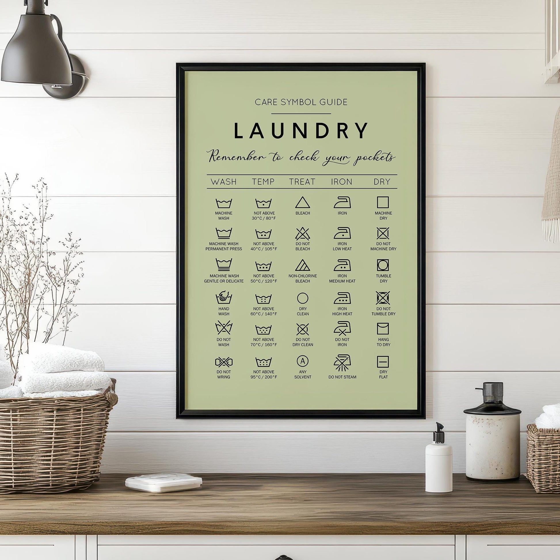 Laundry care symbol guide. Ideal gift for housewarming. Complement your minimalist house decoration with this handy guide for laundry. Frame for laundry room. Poster for laundrette. Black and white picture for bathroom. Cloth washing signs gift idea