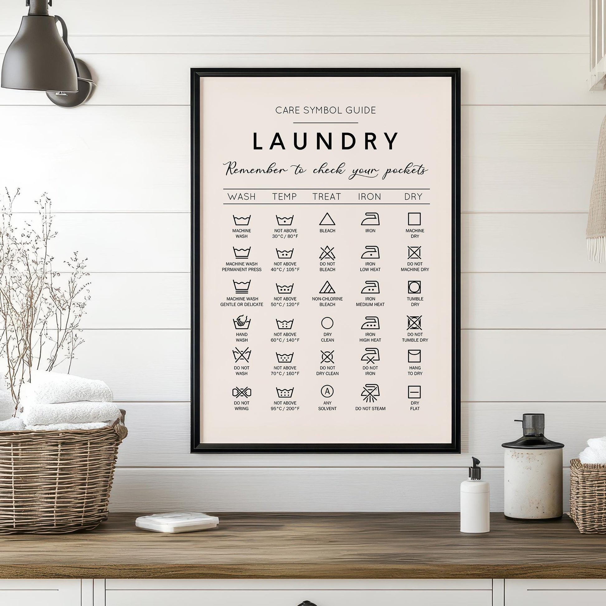 Laundry care symbol guide. Ideal gift for housewarming. Complement your minimalist house decoration with this handy guide for laundry. Frame for laundry room. Poster for laundrette. Black and white picture for bathroom. Cloth washing signs gift idea