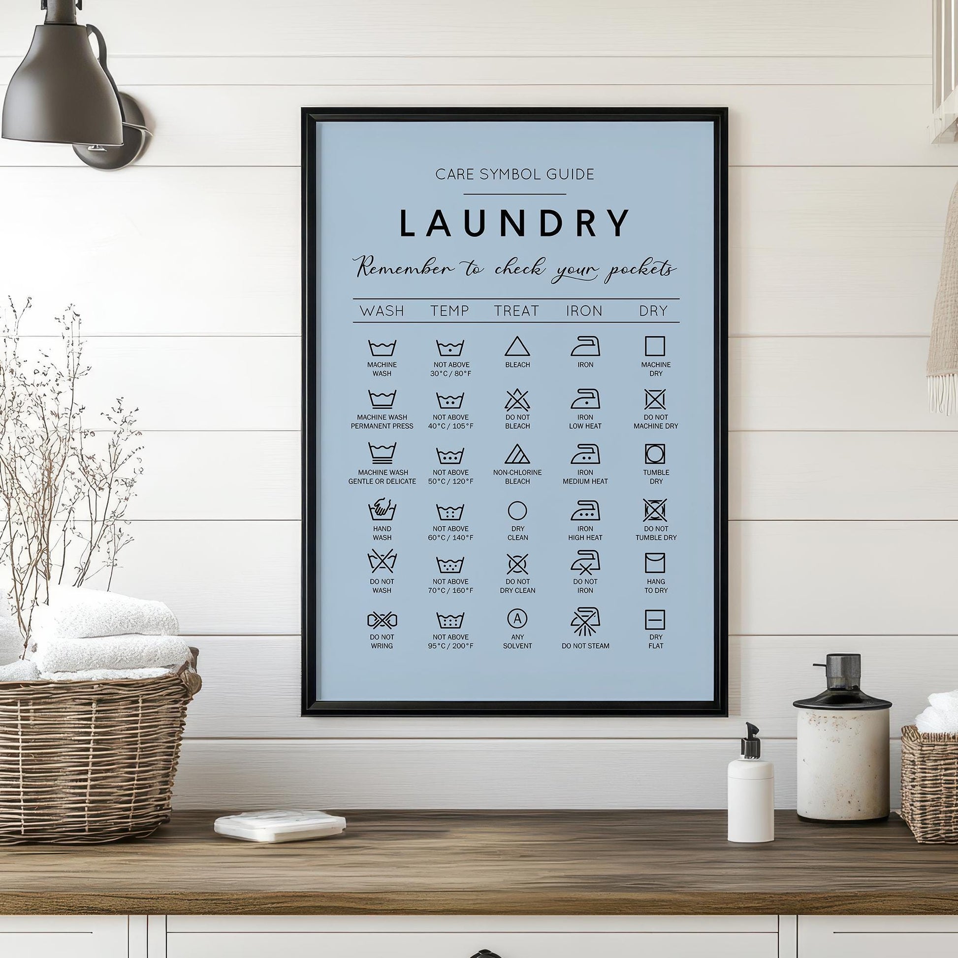Laundry care symbol guide. Ideal gift for housewarming. Complement your minimalist house decoration with this handy guide for laundry. Frame for laundry room. Poster for laundrette. Black and white picture for bathroom. Cloth washing signs gift idea