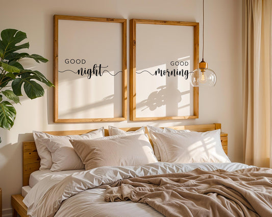 Bedroom Prints – Set of Good Morning and Good Night Bedroom Prints, Minimalistic, Black And White Prints, Gift For Couple, Home Art Prints, Above Bed Signs, Over The Bed Sign, Couple Wall Arts, Boho Art Prints, Words for Bedroom, Trendy Posters