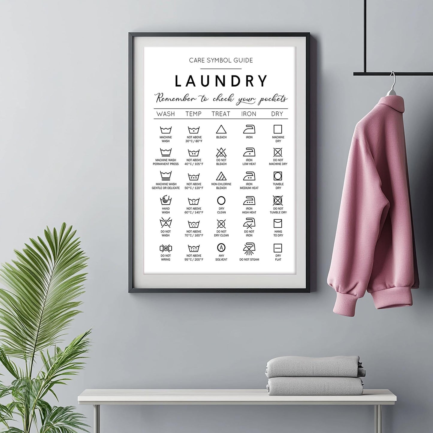 Laundry care symbol guide. Ideal gift for housewarming. Complement your minimalist house decoration with this handy guide for laundry. Frame for laundry room. Poster for laundrette. Black and white picture for bathroom. Cloth washing signs gift idea