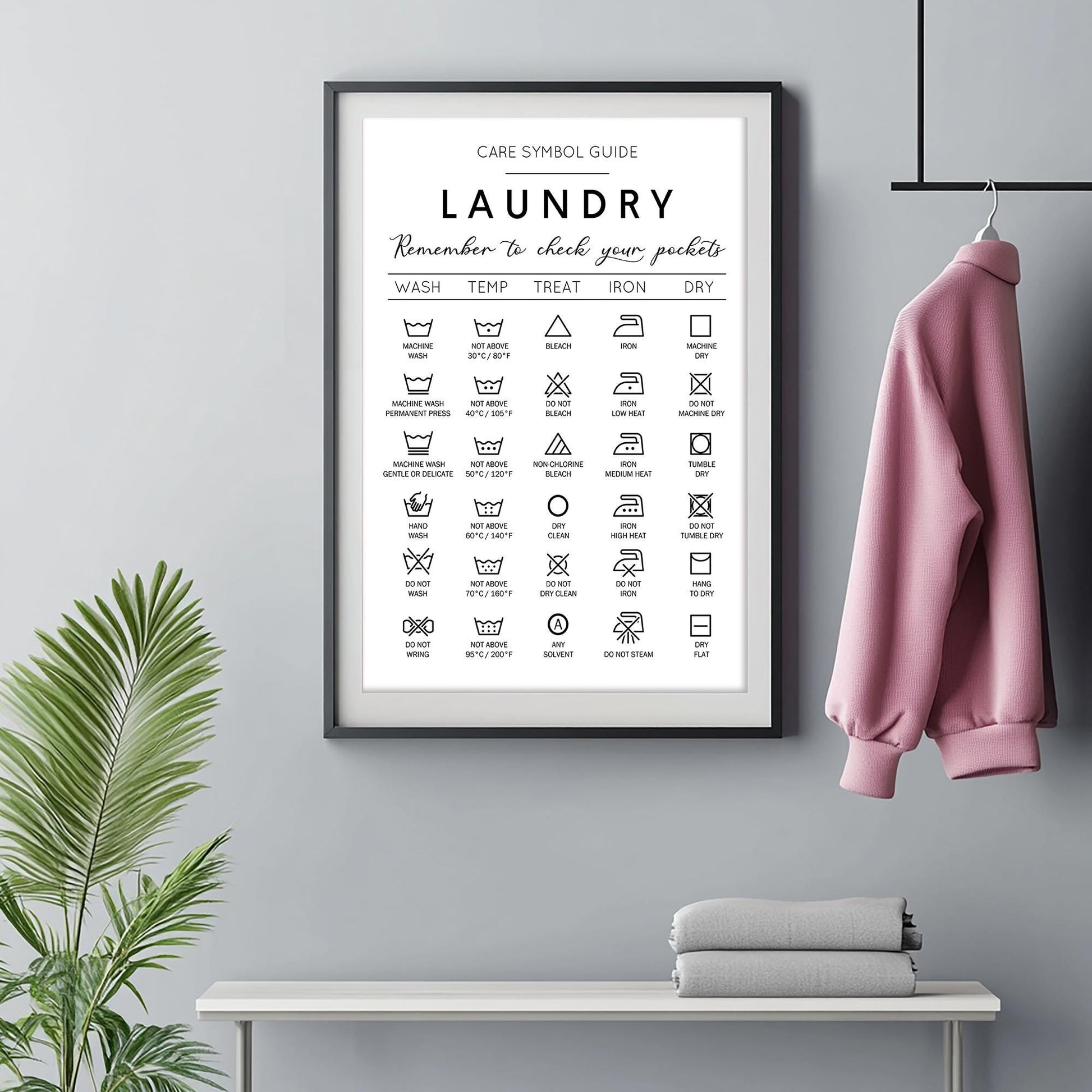 Laundry care symbol guide. Ideal gift for housewarming. Complement your minimalist house decoration with this handy guide for laundry. Frame for laundry room. Poster for laundrette. Black and white picture for bathroom. Cloth washing signs gift idea