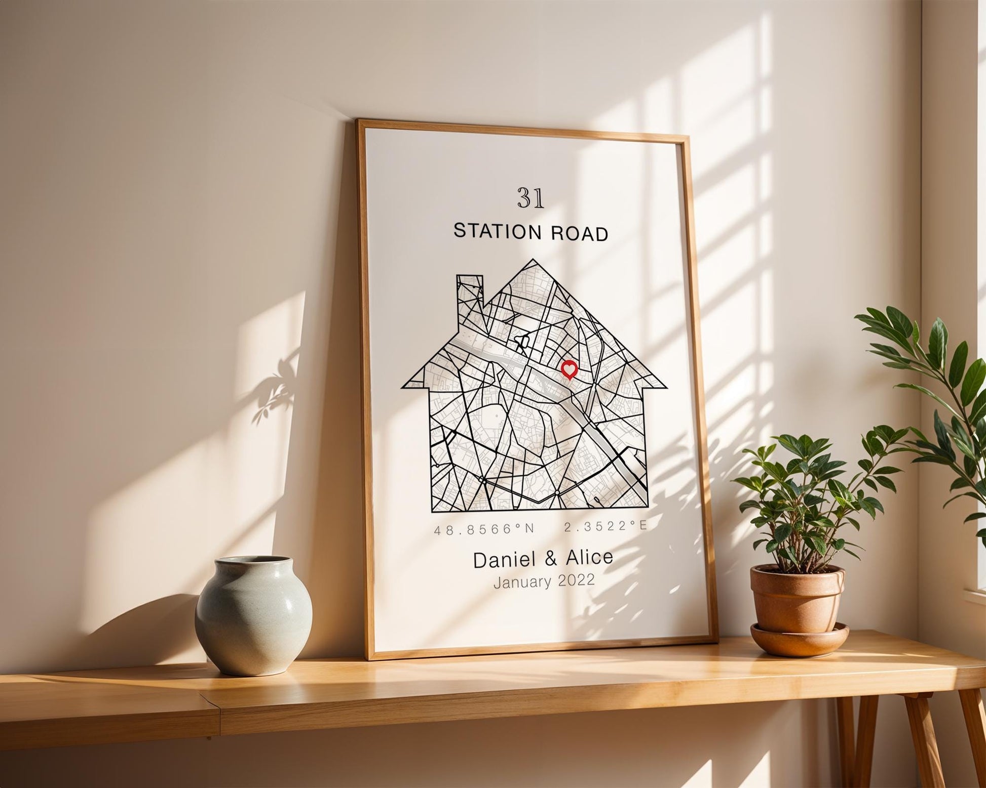 Personalised New Home Map Print With Heart and Address, Ideal Customised Moving Present, Unique Location Housewarming Gift, Black and White