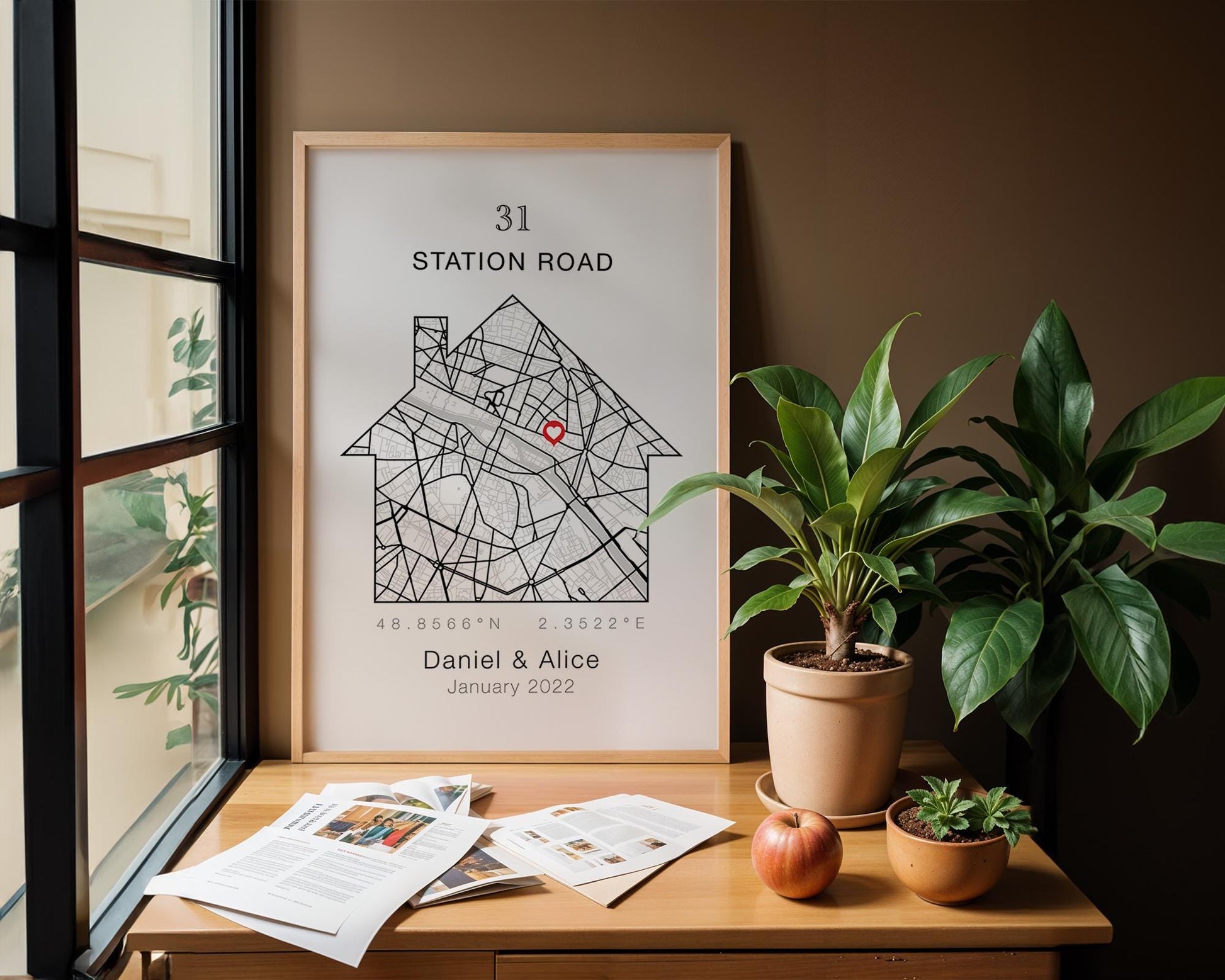 Personalised New Home Map Print With Heart and Address, Ideal Customised Moving Present, Unique Location Housewarming Gift, Black and White