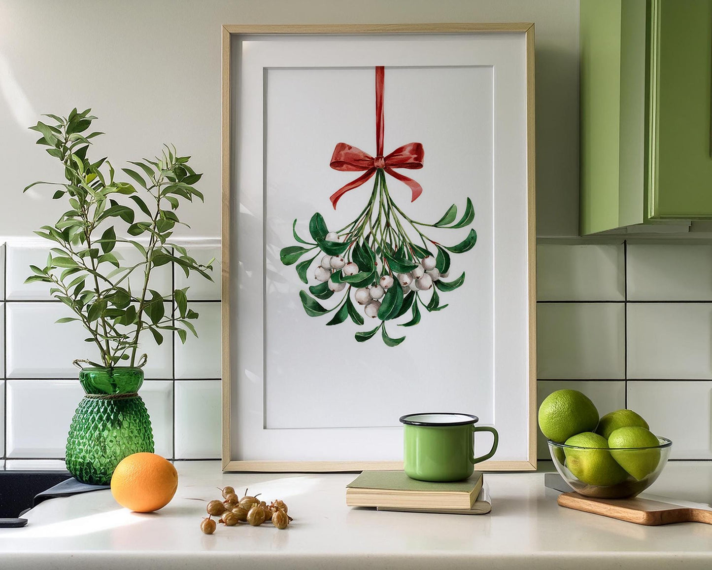 Christmas Mistletoe Watercolour Print - Mistletoe With Red Bow Holiday Decor Rustic Art, Mistletoe Print, Red Christmas, Christmas Ornaments, Holiday Gift, Christmas Print, Festive Theme Arts, Xmas Decorations, Black Friday Xmas, Vintage Xmas Prints