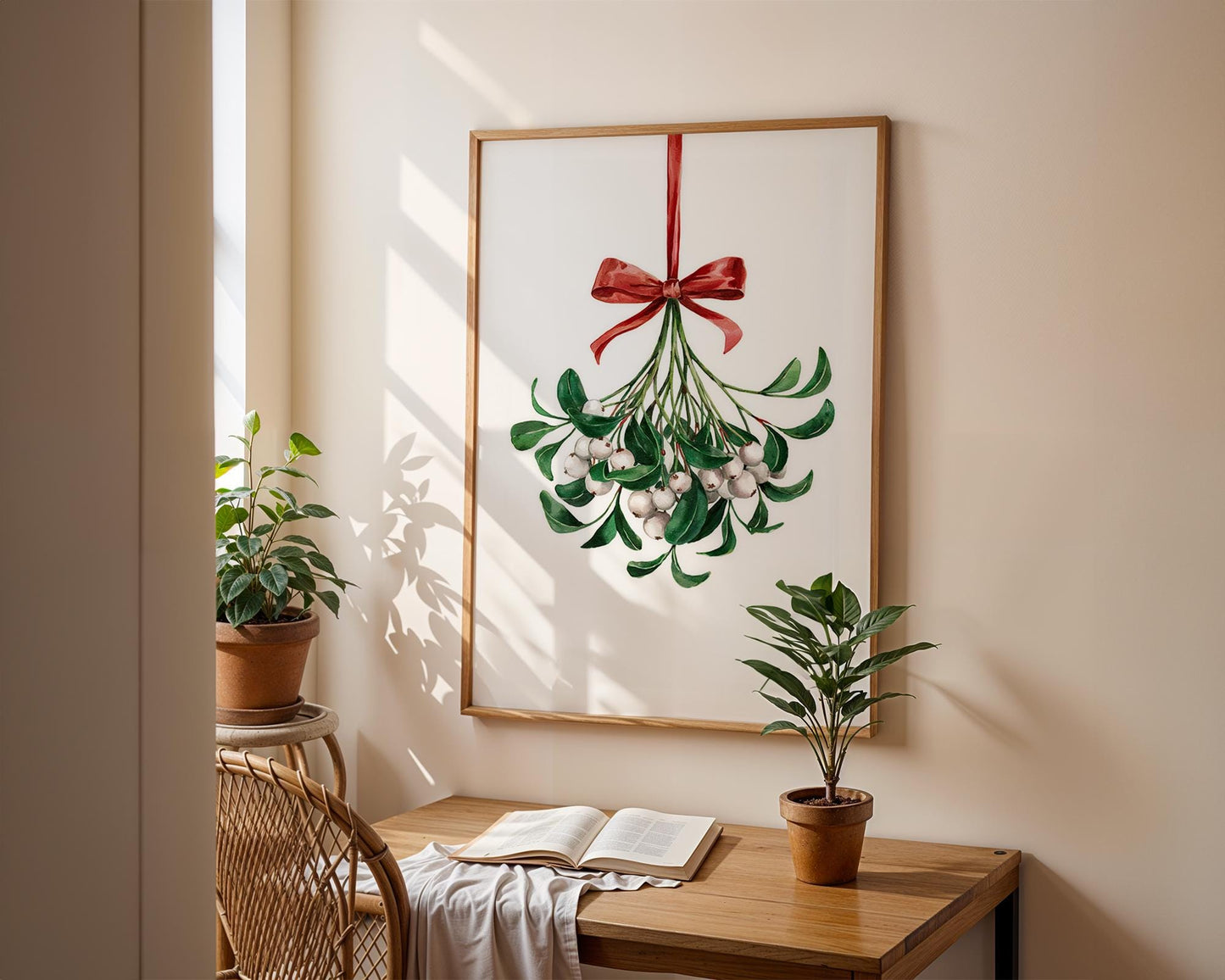 Christmas Mistletoe Watercolour Print - Mistletoe With Red Bow Holiday Decor Rustic Art, Mistletoe Print, Red Christmas, Christmas Ornaments, Holiday Gift, Christmas Print, Festive Theme Arts, Xmas Decorations, Black Friday Xmas, Vintage Xmas Prints