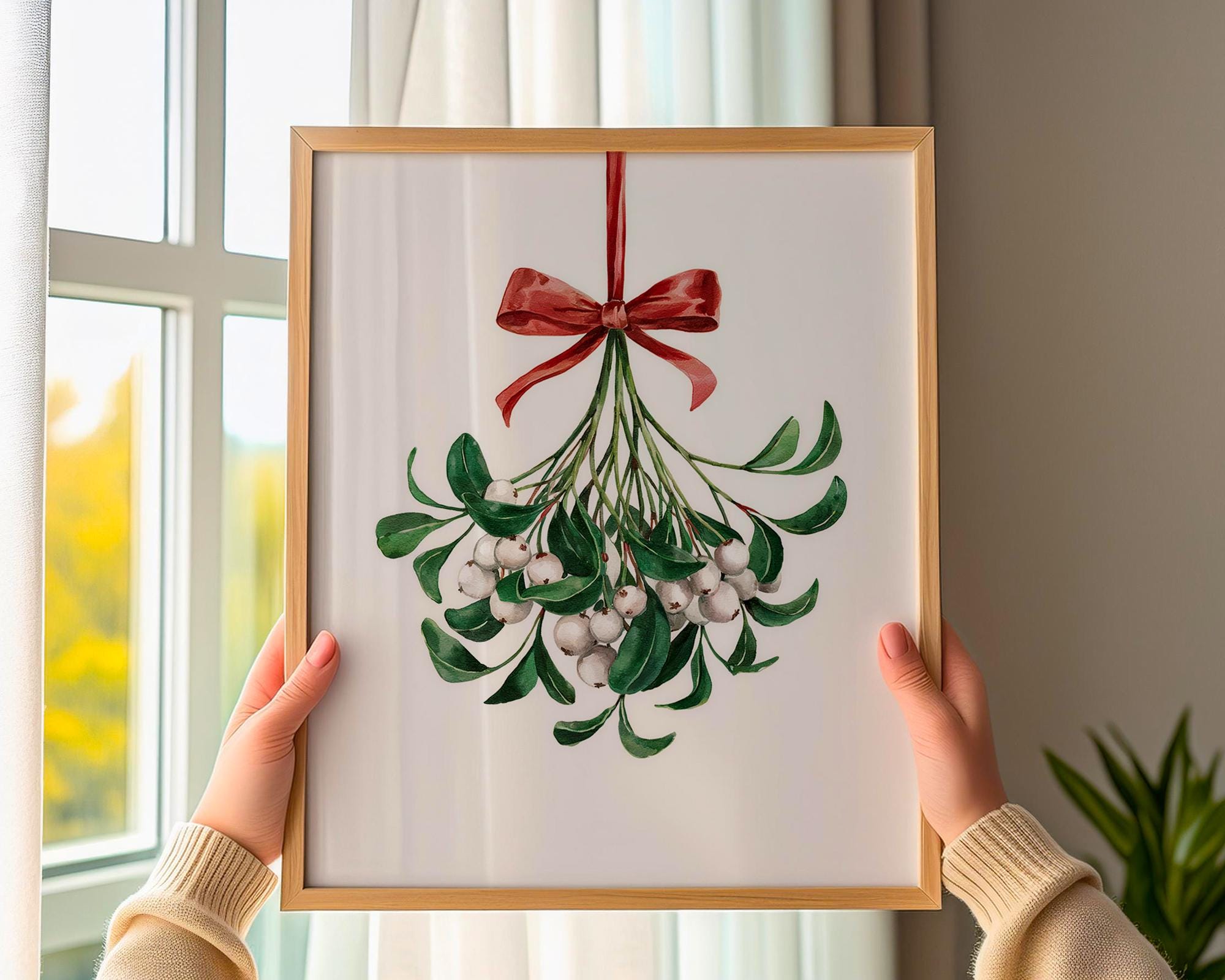 Christmas Mistletoe Watercolour Print - Mistletoe With Red Bow Holiday Decor Rustic Art, Mistletoe Print, Red Christmas, Christmas Ornaments, Holiday Gift, Christmas Print, Festive Theme Arts, Xmas Decorations, Black Friday Xmas, Vintage Xmas Prints