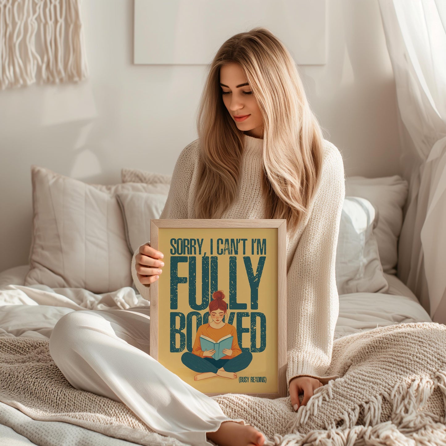 This beautifully illustrated poster features a cozy, book-loving woman sitting cross-legged with her nose buried in a book, accompanied by the fun and relatable caption:
&quot;Sorry, I Can’t, I’m Fully Booked (Busy Reading)&quot;

A must-have for bookworms, introverts, and reading enthusiasts who cherish their quiet time with a good story. Whether you&#39;re decorating your reading nook, library, or gifting a fellow book lover, this print is the perfect way to say “No thanks, I’ve got chapters t