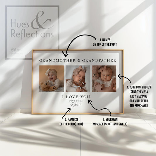 Personalise baby print Custom gift with photo for grandparents, birthday gift, Christmas, Photo Gift, grandchild photo collage, Personalised Grandparents New Baby Print Ideal for Christening, Baby Arrival Day Gift or First Birthday, Collage Memorable Gift for Grandmother, Grandfather