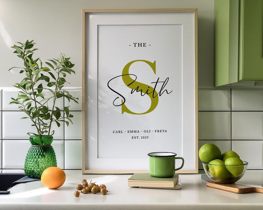 Personalised family name print, featuring a large coloured initial, the family name, and the names of family members. Modern and stylish design a perfect addition to any home and a thoughtful gift for housewarmings, weddings, anniversaries, or new families, Wedding gift, 
valentines gift, 
Personalised Print, 
New Home Gift, 
Our Family Print, 
Family Name Letter, 
Initial Colour Print, 
Family Name Sign, 
Wedding Anniversary, 
Surname Print, 
Elegant Keepsake, 
Housewarming Gift,
