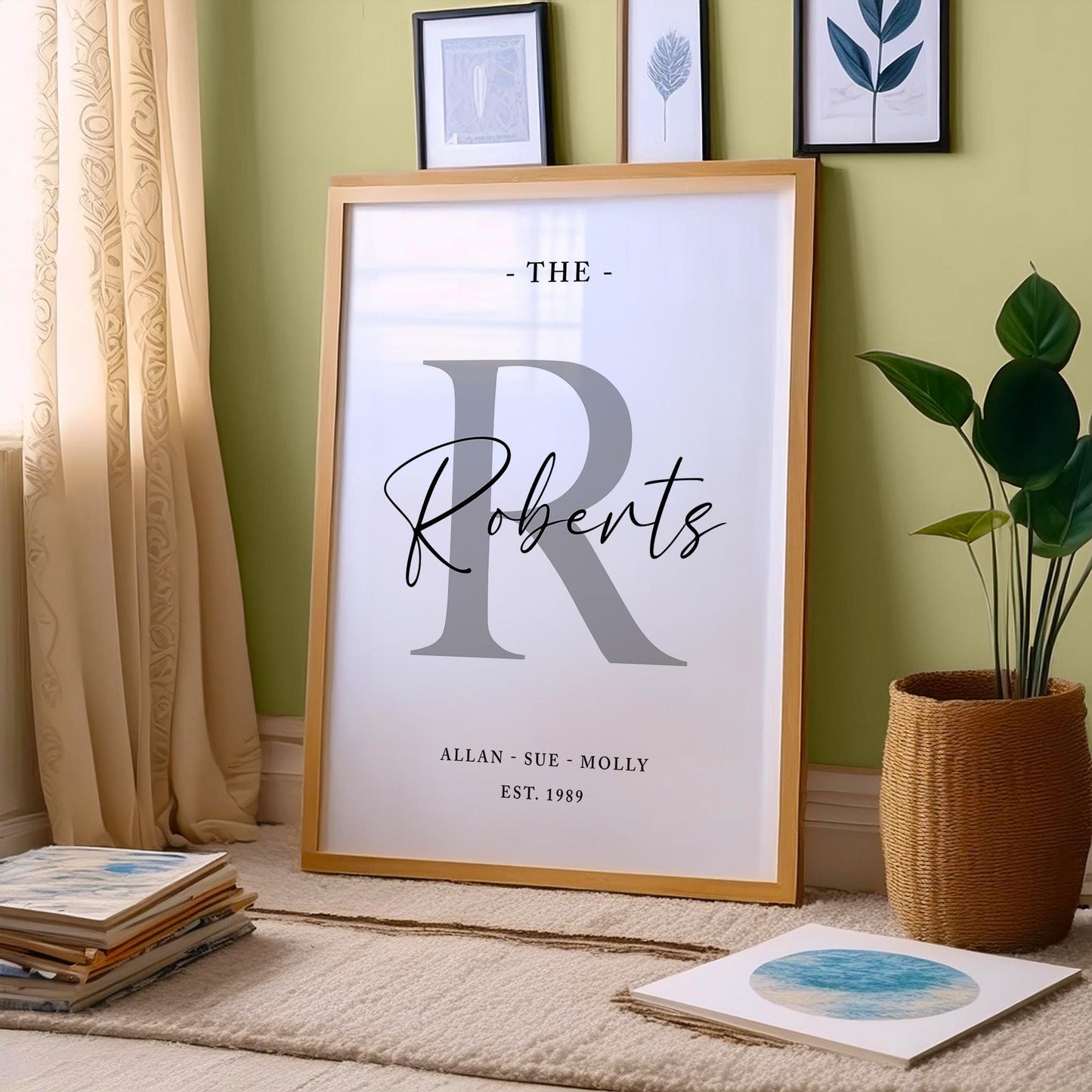 Personalised family name print, featuring a large coloured initial, the family name, and the names of family members. Modern and stylish design a perfect addition to any home and a thoughtful gift for housewarmings, weddings, anniversaries, or new families, Wedding gift, 
valentines gift, 
Personalised Print, 
New Home Gift, 
Our Family Print, 
Family Name Letter, 
Initial Colour Print, 
Family Name Sign, 
Wedding Anniversary, 
Surname Print, 
Elegant Keepsake, 
Housewarming Gift,