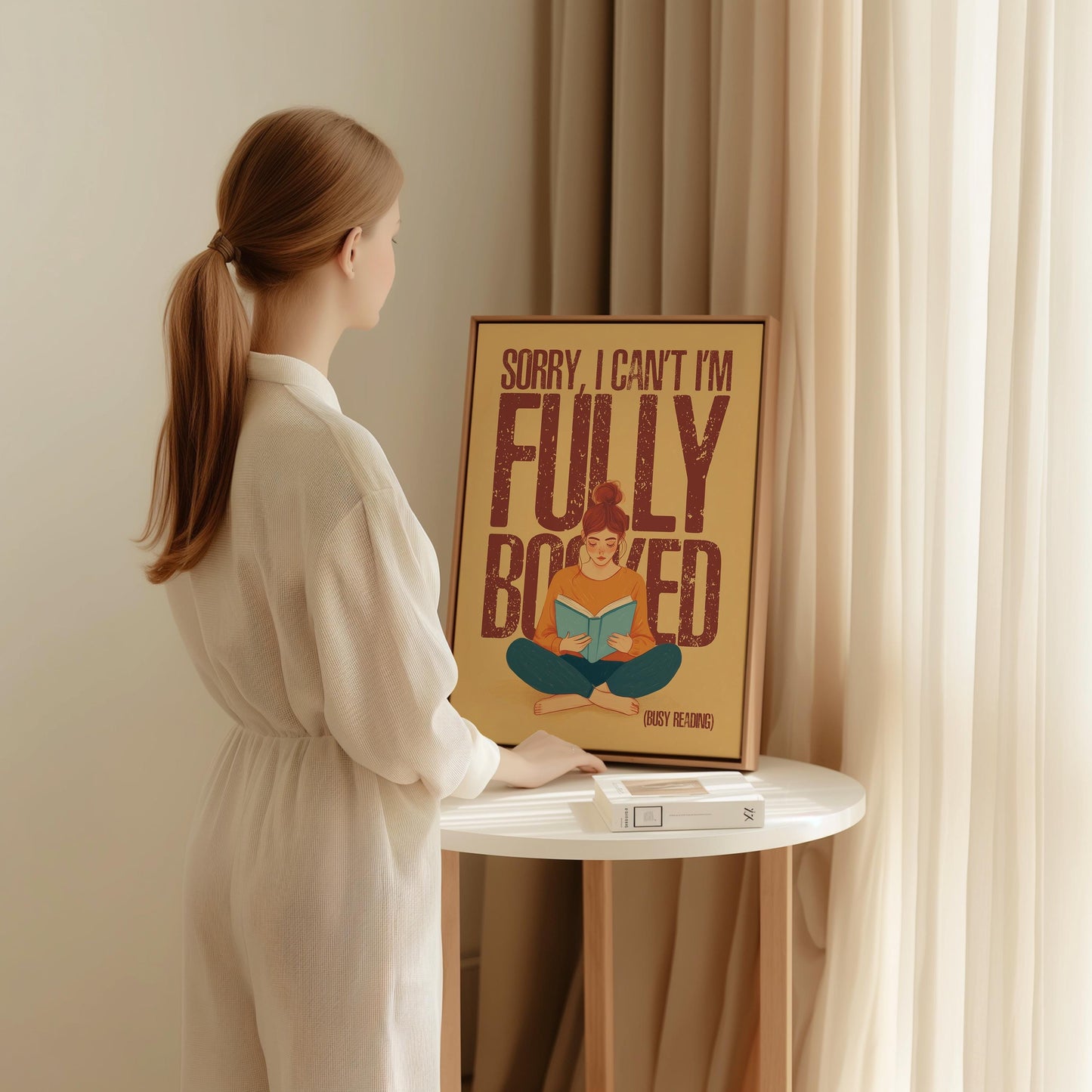 This beautifully illustrated poster features a cozy, book-loving woman sitting cross-legged with her nose buried in a book, accompanied by the fun and relatable caption:
&quot;Sorry, I Can’t, I’m Fully Booked (Busy Reading)&quot;

A must-have for bookworms, introverts, and reading enthusiasts who cherish their quiet time with a good story. Whether you&#39;re decorating your reading nook, library, or gifting a fellow book lover, this print is the perfect way to say “No thanks, I’ve got chapters t