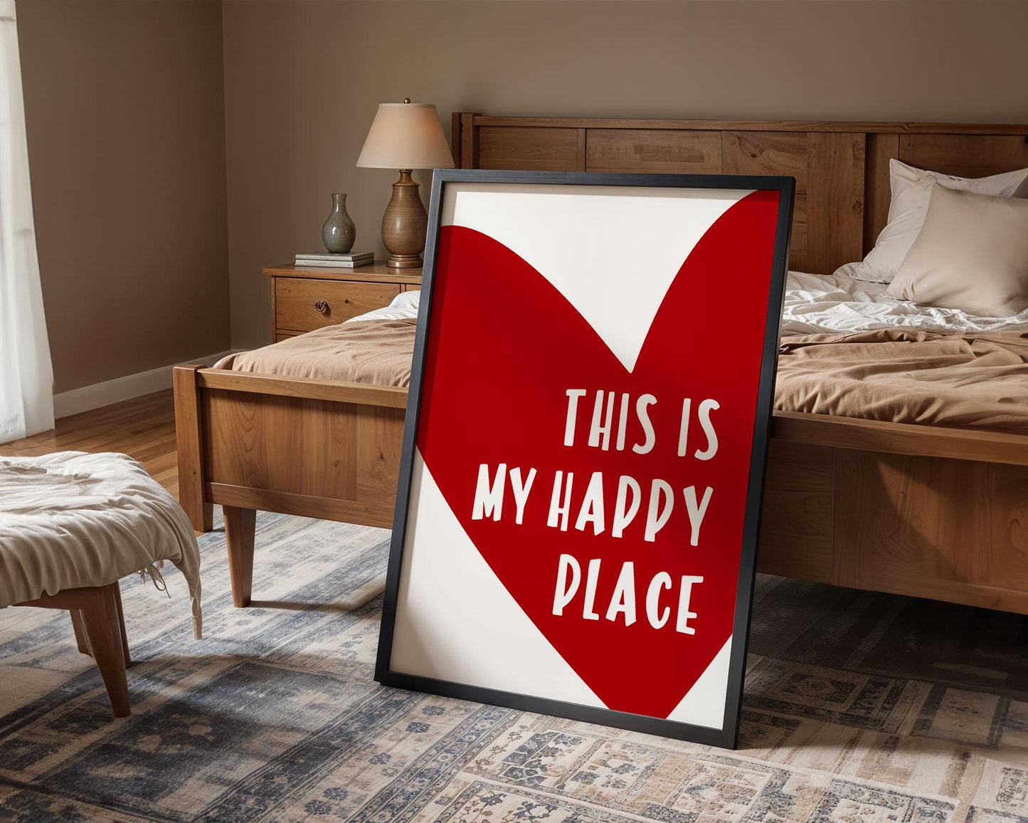 Colourful quote print featuring the phrase “This Is My Happy Place” in cheerful modern typography. Bright and uplifting wall art that adds positivity to any room, from bedroom to living space. Ideal as a thoughtful gift or mood-boosting home décor. Printed to order on premium satin photo paper by Hues & Reflections UK.