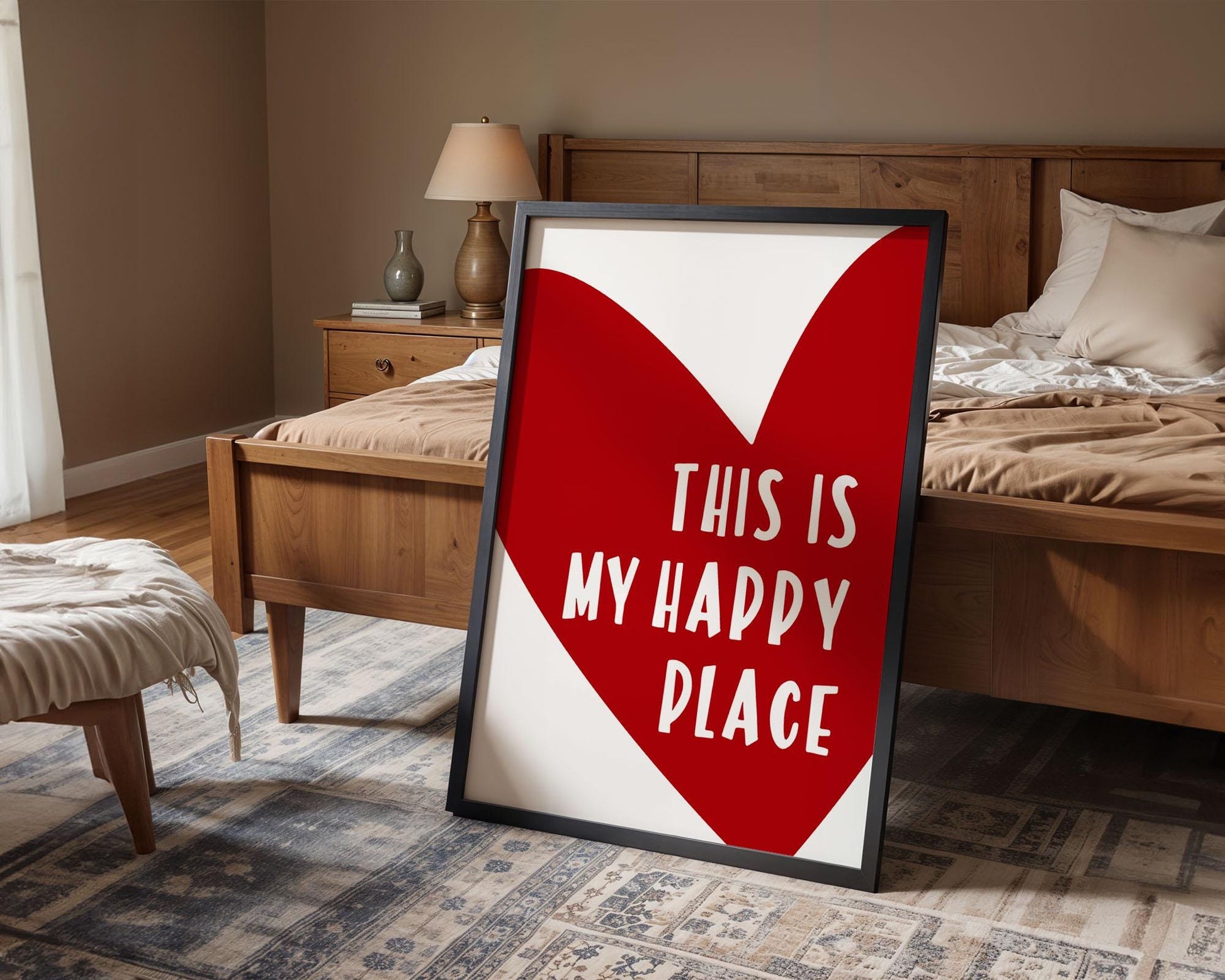 Colourful quote print featuring the phrase “This Is My Happy Place” in cheerful modern typography. Bright and uplifting wall art that adds positivity to any room, from bedroom to living space. Ideal as a thoughtful gift or mood-boosting home décor. Printed to order on premium satin photo paper by Hues & Reflections UK.