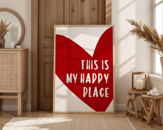 Colourful quote print featuring the phrase “This Is My Happy Place” in cheerful modern typography. Bright and uplifting wall art that adds positivity to any room, from bedroom to living space. Ideal as a thoughtful gift or mood-boosting home décor. Printed to order on premium satin photo paper by Hues & Reflections UK.