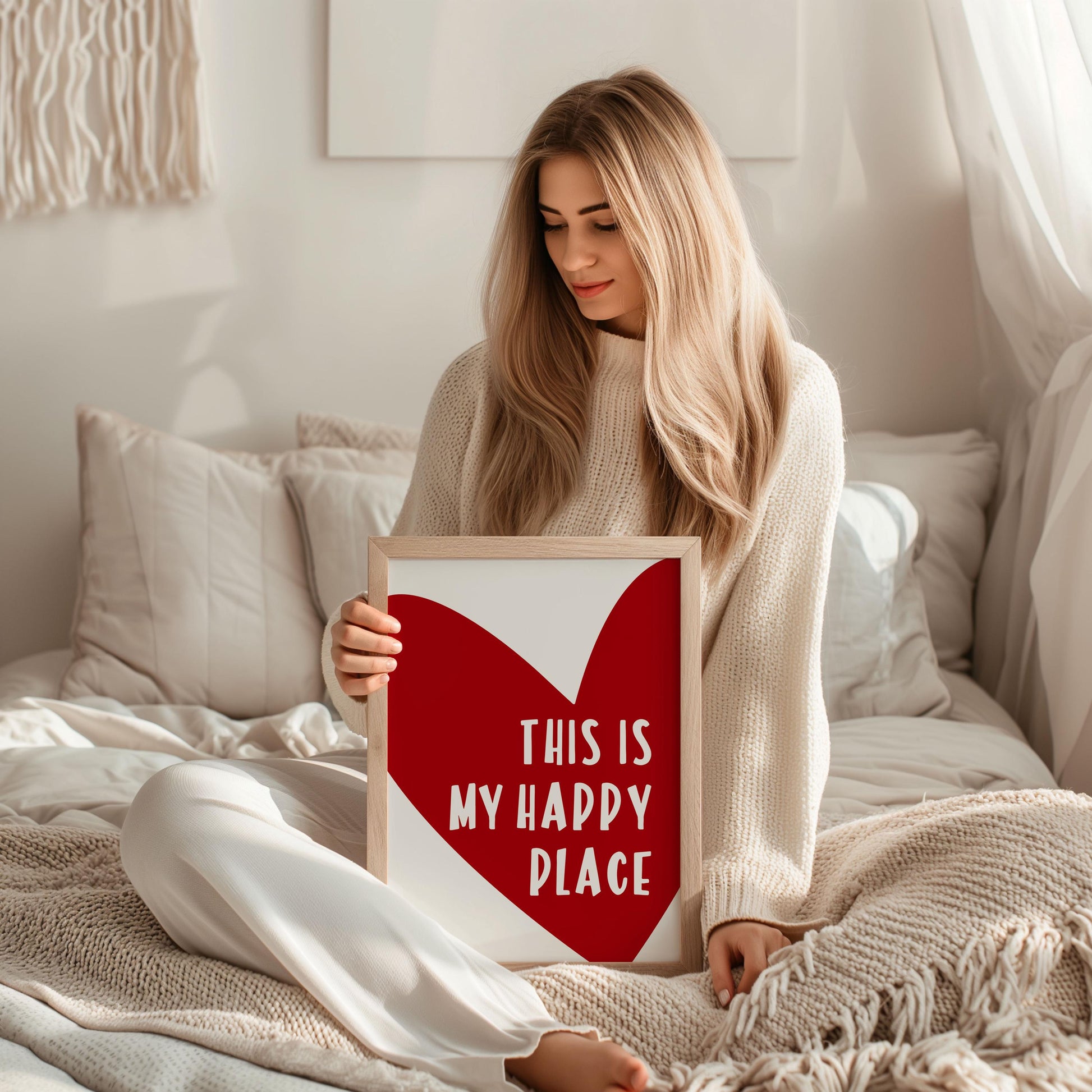 Colourful quote print featuring the phrase “This Is My Happy Place” in cheerful modern typography. Bright and uplifting wall art that adds positivity to any room, from bedroom to living space. Ideal as a thoughtful gift or mood-boosting home décor. Printed to order on premium satin photo paper by Hues & Reflections UK.
