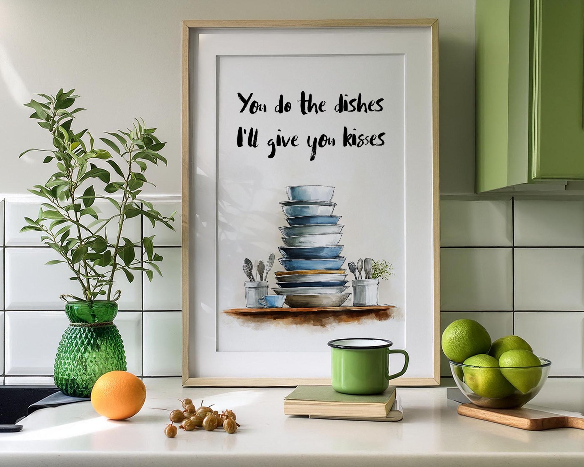 Charming kitchen wall art featuring a stack of blue and white dishes with the handwritten quote “You do the dishes, I’ll give you kisses.” Romantic and funny home décor print ideal for kitchens or dining rooms. Perfect gift for couples who love playful, modern artwork. Professionally printed to order on premium satin photo paper by Hues & Reflections UK.