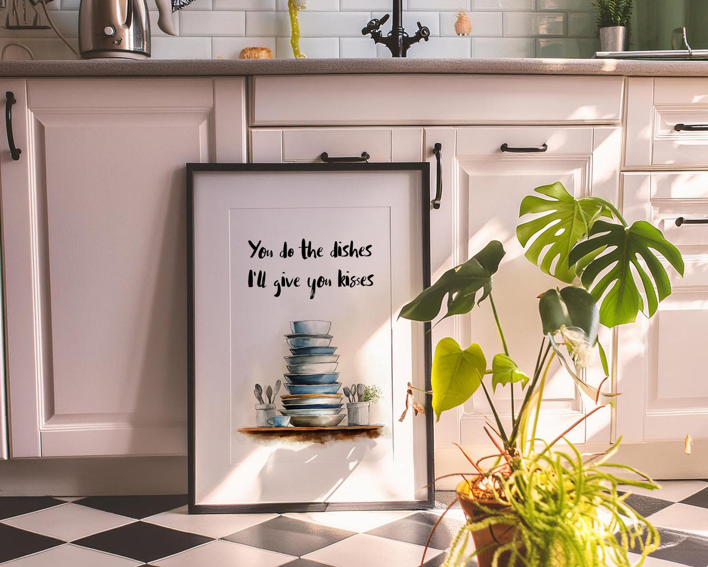 Charming kitchen wall art featuring a stack of blue and white dishes with the handwritten quote “You do the dishes, I’ll give you kisses.” Romantic and funny home décor print ideal for kitchens or dining rooms. Perfect gift for couples who love playful, modern artwork. Professionally printed to order on premium satin photo paper by Hues & Reflections UK.