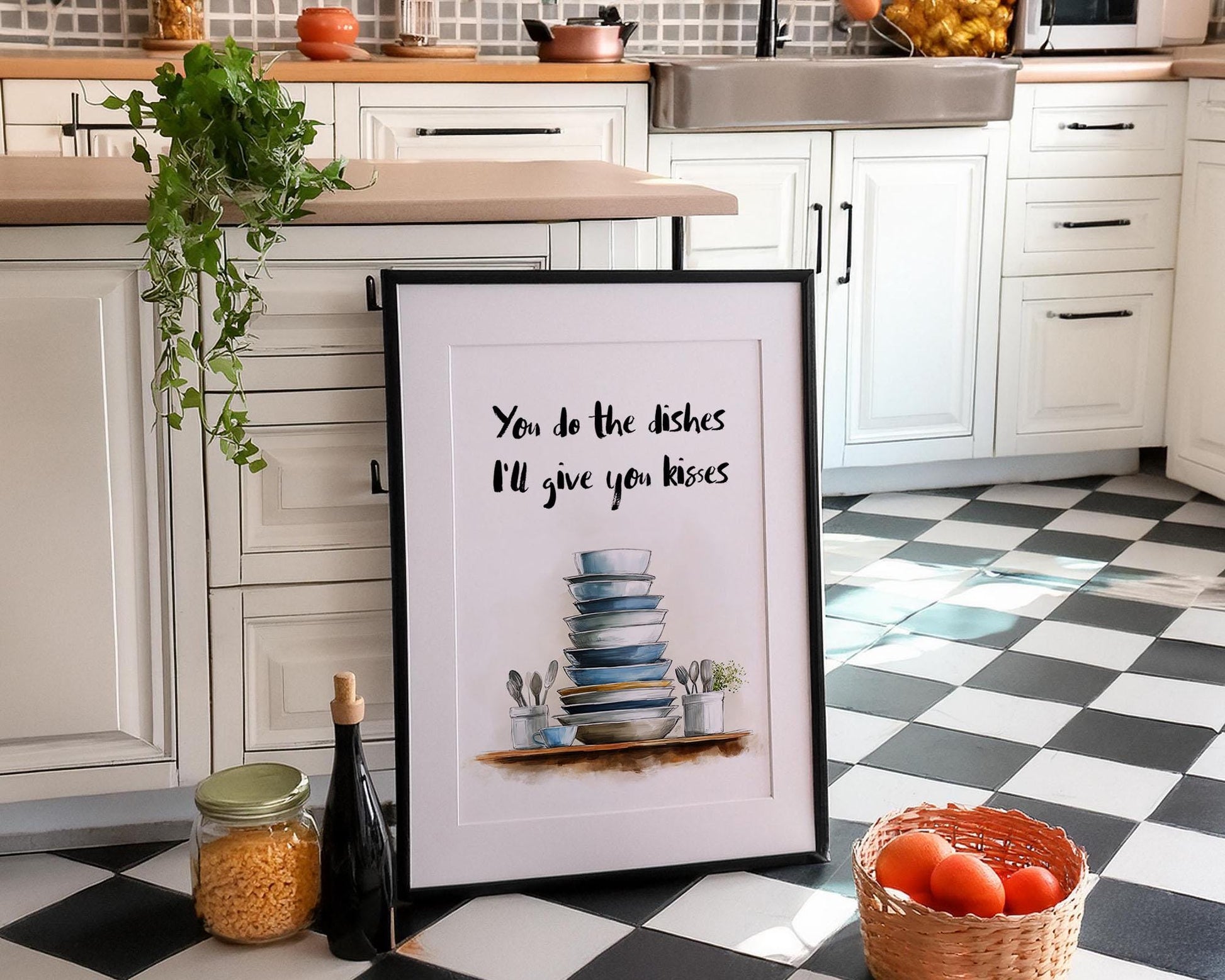 Charming kitchen wall art featuring a stack of blue and white dishes with the handwritten quote “You do the dishes, I’ll give you kisses.” Romantic and funny home décor print ideal for kitchens or dining rooms. Perfect gift for couples who love playful, modern artwork. Professionally printed to order on premium satin photo paper by Hues & Reflections UK.