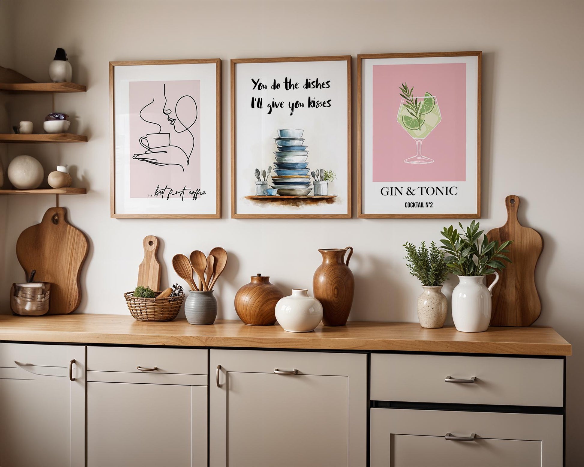 Charming kitchen wall art featuring a stack of blue and white dishes with the handwritten quote “You do the dishes, I’ll give you kisses.” Romantic and funny home décor print ideal for kitchens or dining rooms. Perfect gift for couples who love playful, modern artwork. Professionally printed to order on premium satin photo paper by Hues & Reflections UK.