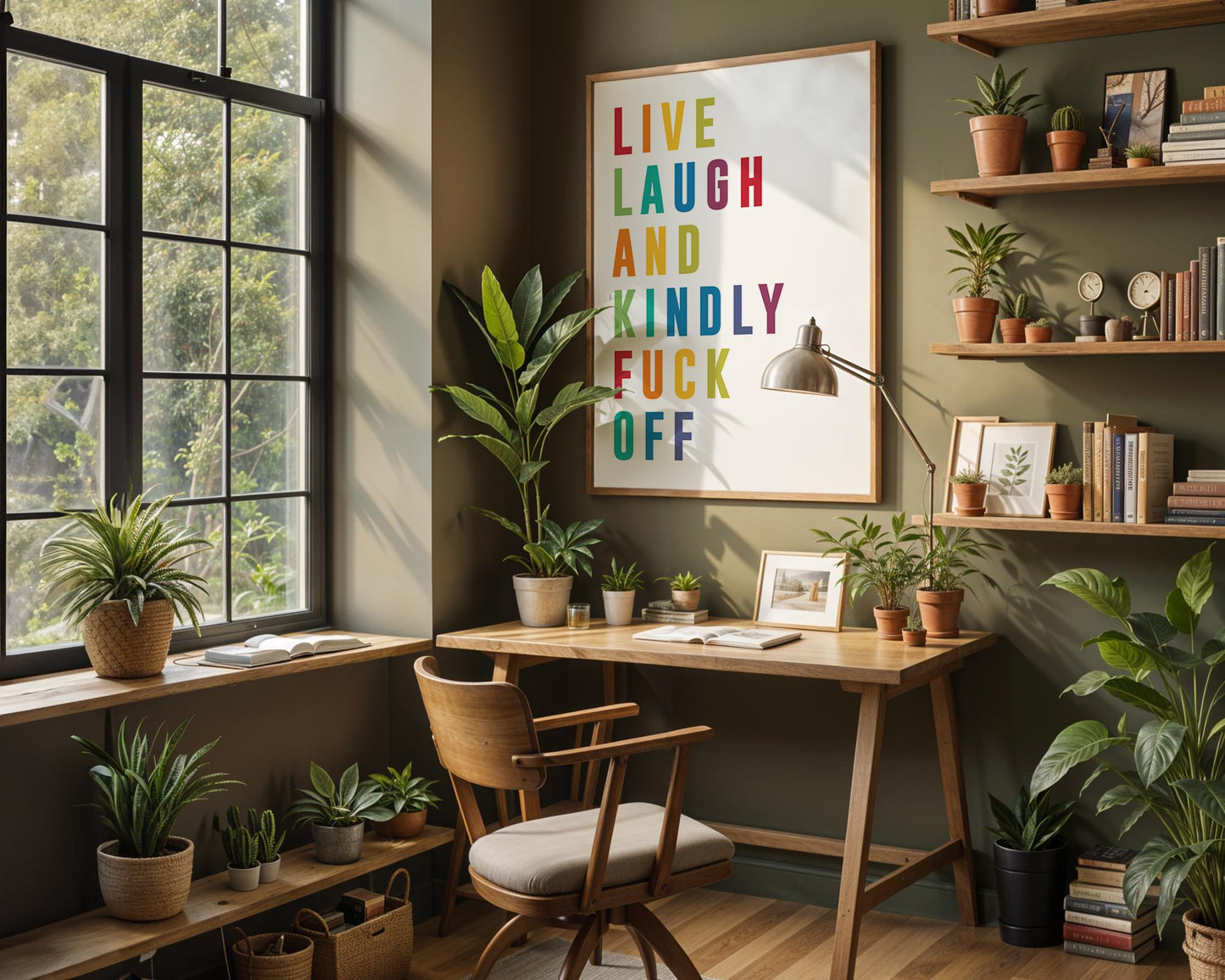 Colourful modern typography poster with the phrase “Live Laugh and Kindly F*** Off” in bold rainbow letters on a white background. Bright, funny quote wall art perfect for bedrooms, living rooms, or offices. A cheeky, contemporary gift for friends with a sense of humour. Printed to order on premium satin photo paper by Hues & Reflections UK.