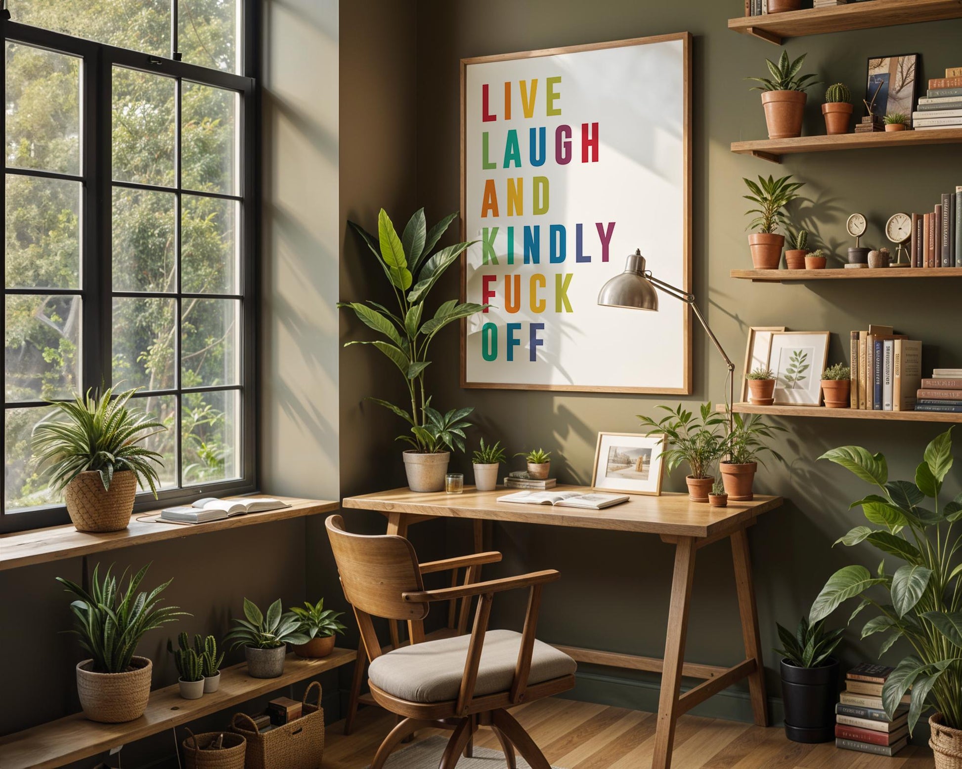 Colourful modern typography poster with the phrase “Live Laugh and Kindly F*** Off” in bold rainbow letters on a white background. Bright, funny quote wall art perfect for bedrooms, living rooms, or offices. A cheeky, contemporary gift for friends with a sense of humour. Printed to order on premium satin photo paper by Hues & Reflections UK.