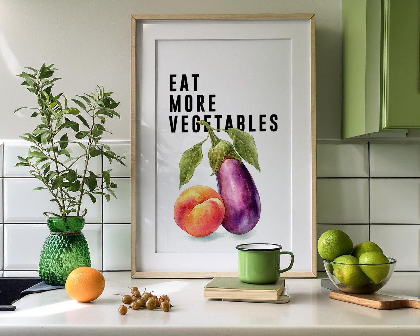 Playful food-themed wall art featuring bold black typography reading “Eat More Vegetable” above a colourful illustration of an aubergine and peach. Modern humorous kitchen poster with a cheeky twist, perfect for kitchens, dining rooms, or as a fun gift for friends. Printed to order on premium satin photo paper by Hues & Reflections UK.