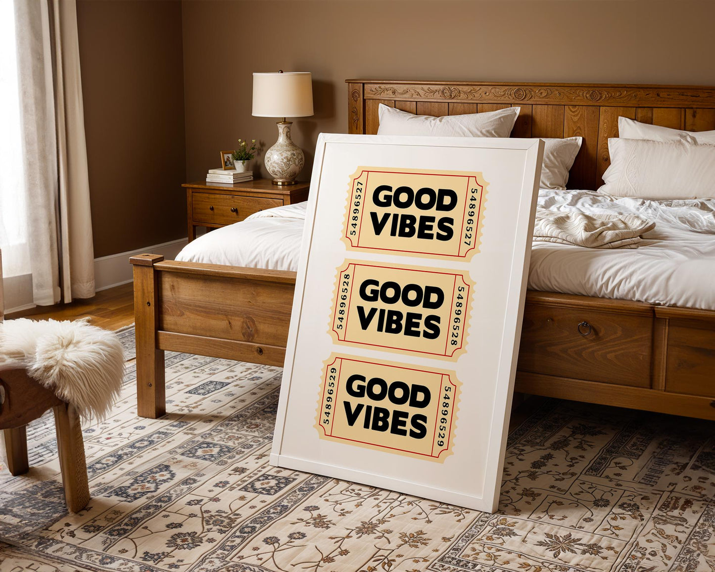 Retro-style typography poster featuring three vintage beige tickets stacked vertically, each with bold black text reading “Good Vibes.” Fun, positive wall art inspired by nostalgic ticket designs. Perfect for uplifting home décor, offices, or as a cheerful gift. Professionally printed to order on premium satin photo paper by Hues & Reflections UK.