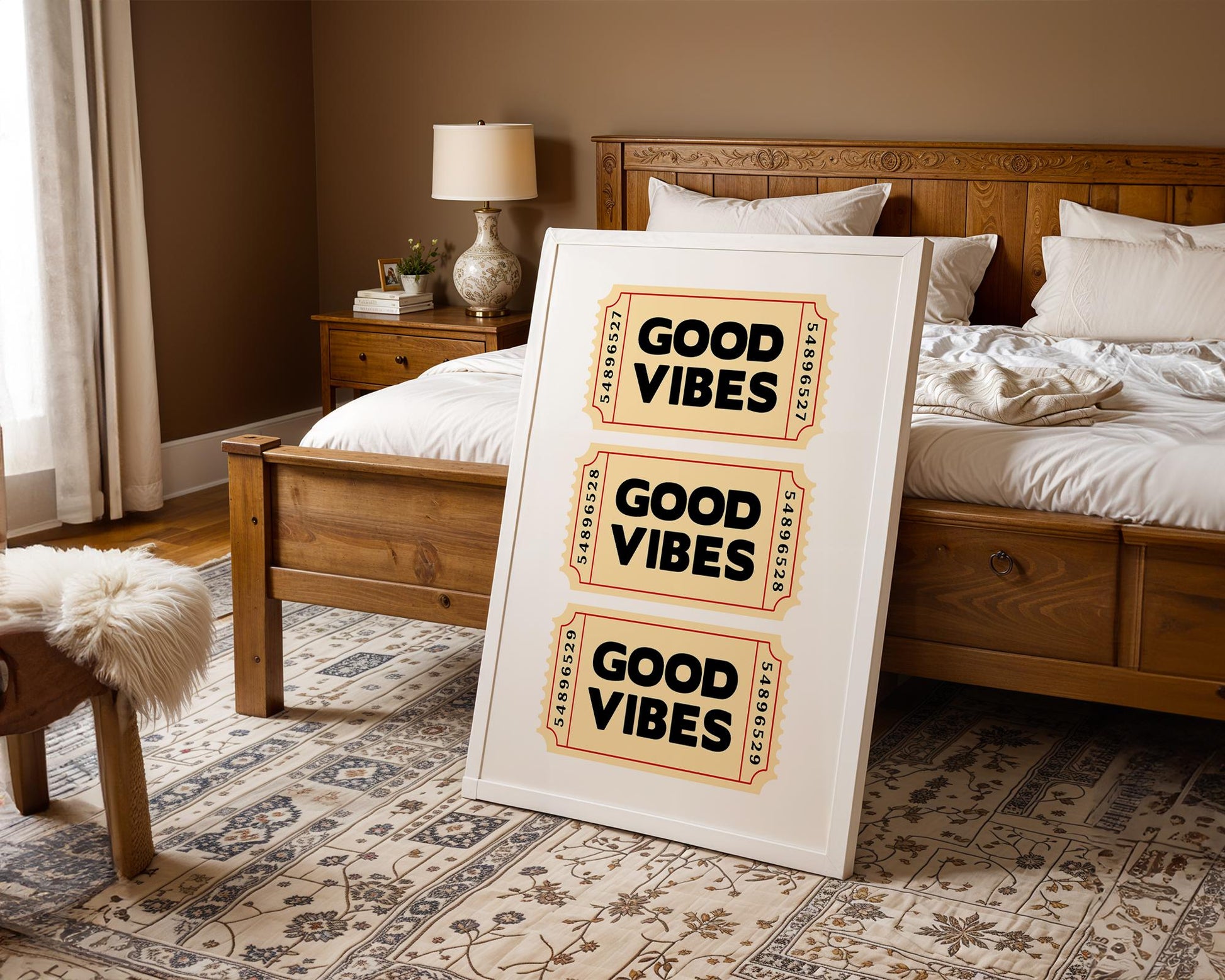 Retro-style typography poster featuring three vintage beige tickets stacked vertically, each with bold black text reading “Good Vibes.” Fun, positive wall art inspired by nostalgic ticket designs. Perfect for uplifting home décor, offices, or as a cheerful gift. Professionally printed to order on premium satin photo paper by Hues & Reflections UK.