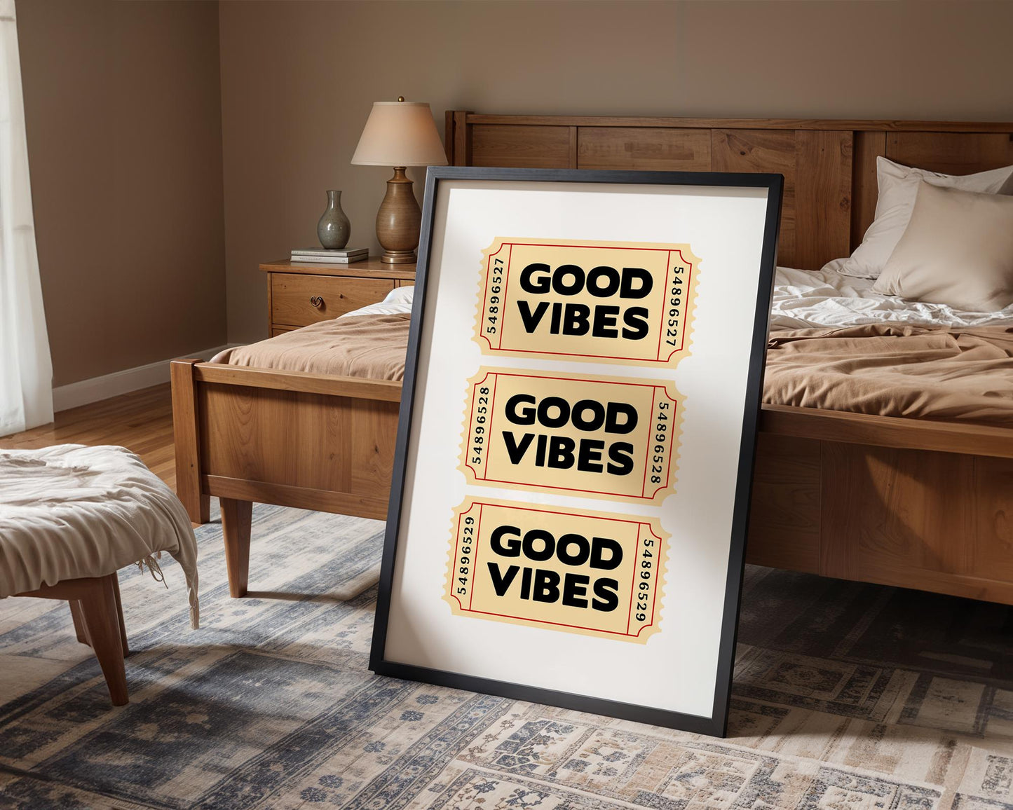 Retro-style typography poster featuring three vintage beige tickets stacked vertically, each with bold black text reading “Good Vibes.” Fun, positive wall art inspired by nostalgic ticket designs. Perfect for uplifting home décor, offices, or as a cheerful gift. Professionally printed to order on premium satin photo paper by Hues & Reflections UK.